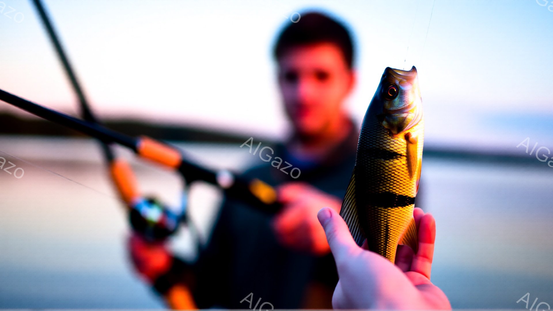 焦点は、捕獲されたばかりの小さな魚を握る手前方にあります。背景には、釣り竿と暗い服を着た、ぼやけた男性の姿が見えます。穏やかな水面と空が広がり、夕暮れのような静かで平和な雰囲気を醸し出しています。