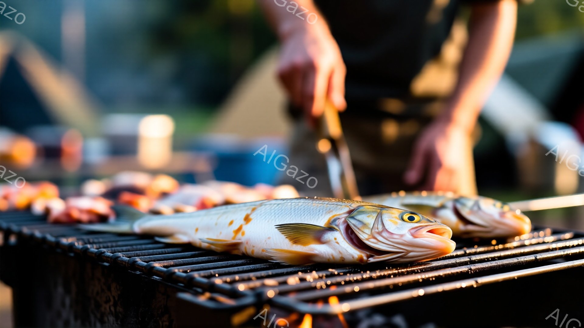 炭火の上で魚が焼かれています。魚は鮮やかな黄色と銀色の模様を持ち、調理された肉串と共に鉄製の網の上に並べられています。背景はぼやけており、暖色系の光が差し込み、夕暮れ時の屋外バーベキューの雰囲気を醸し出しています。