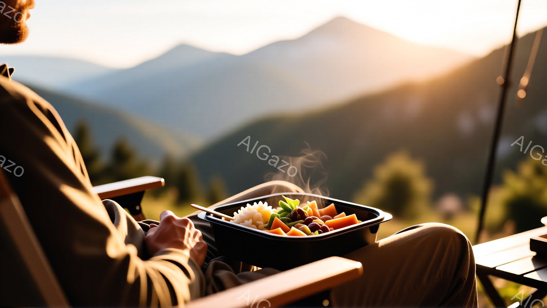 登山家と思われる男性が、キャンプ用の椅子に座り、蒸気を上げる料理の入った弁当箱を見下ろしている。彼はカーキ色の長袖シャツとズボンを着用し、山々の風景が背景に広がり、夕焼けのような暖かい光が差し込んでいる。 全体的に、自然の中で食事を楽しむ、静かでリラックスした雰囲気が漂っている。