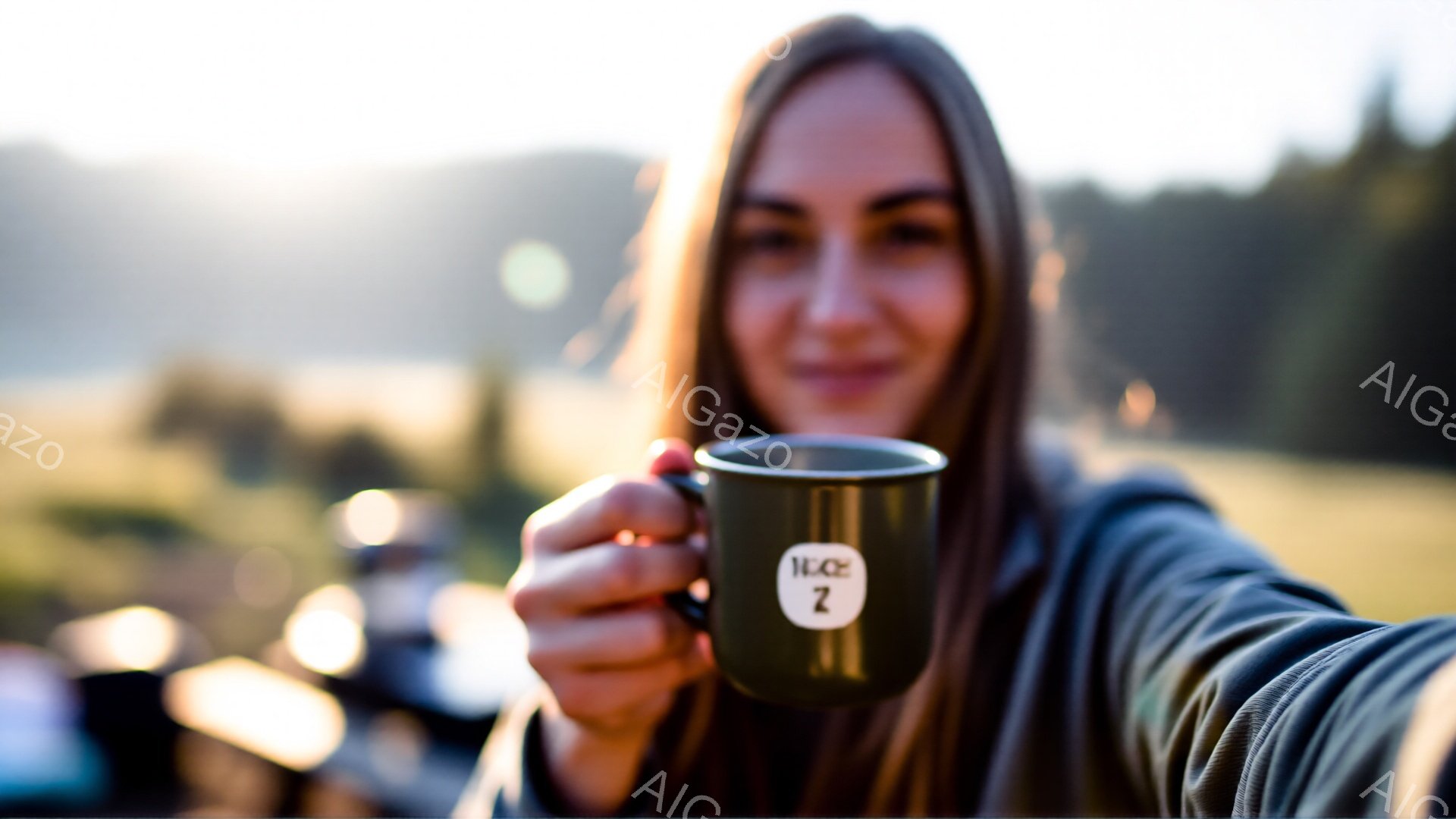 長い茶色の髪を持つ女性が、緑色のマグカップをカメラに向けて掲げています。彼女はグレーのパーカーを着ており、微笑んでおり、リラックスした雰囲気です。背景には、ぼやけた自然の風景が広がり、太陽の光が差し込み、暖かく穏やかな雰囲気を醸し出しています。