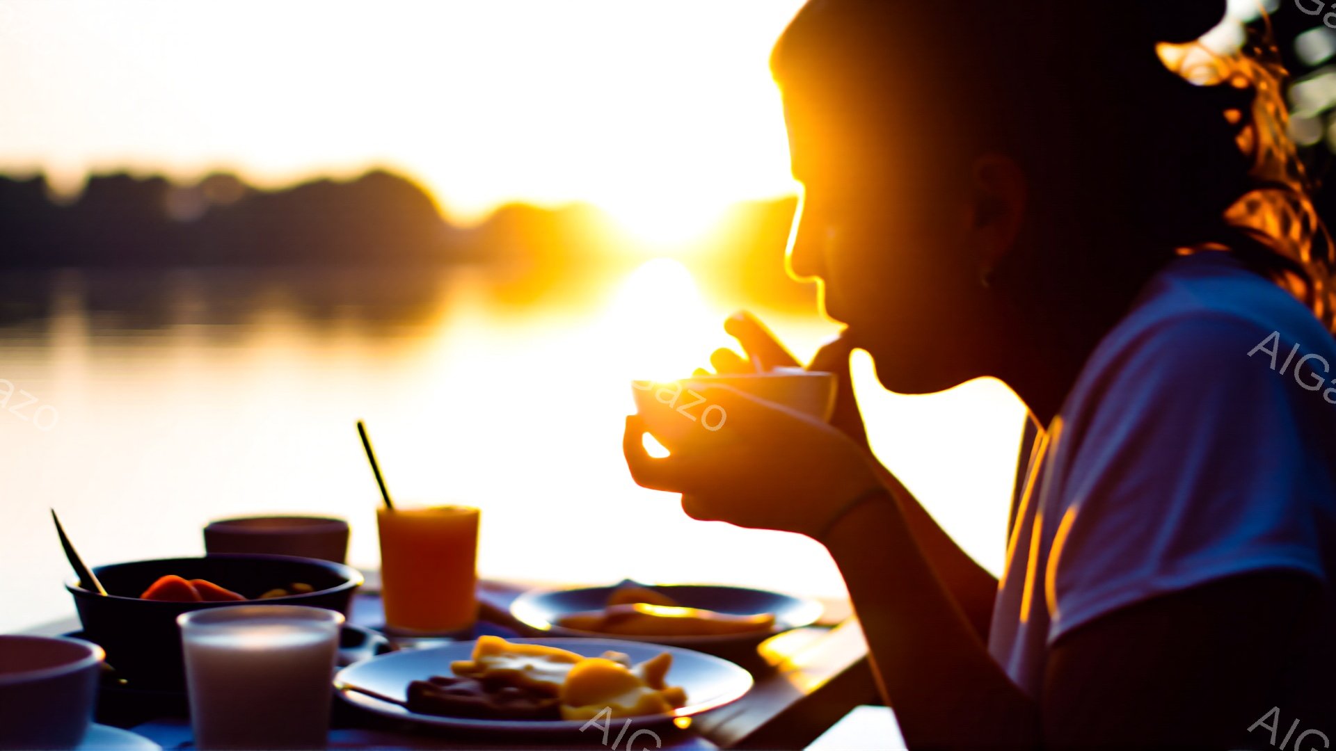強い逆光の中で、男性がコーヒーカップを手に持っているシルエットが描かれている。テーブルの上には、朝食と思われる料理が並び、オレンジジュースやサラダ、パンなどが確認できる。背景には水面が広がり、夕焼けまたは日の出の光が反射して暖かく穏やかな雰囲気を醸し出している。