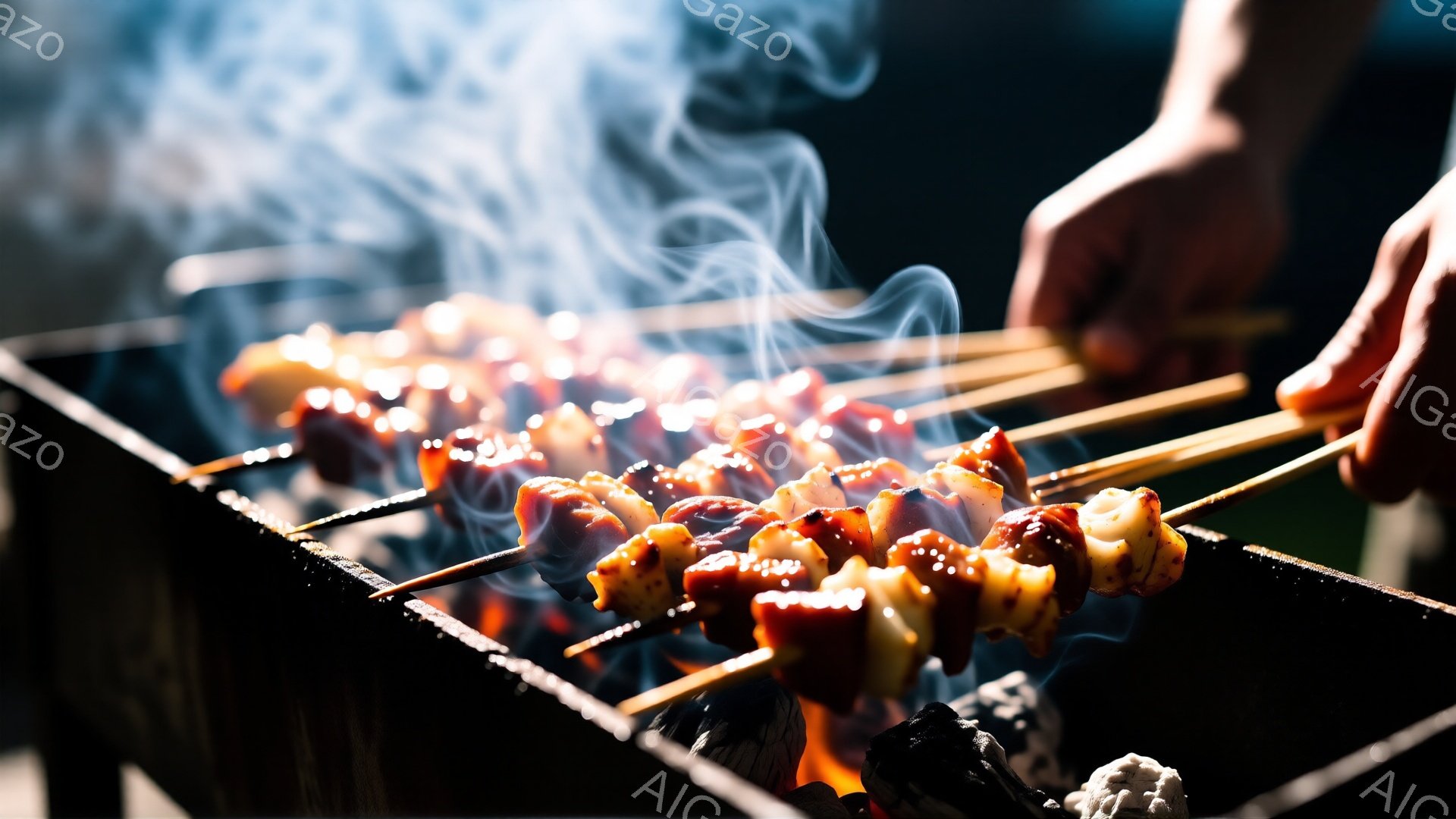 炭火の上に串に刺されたタコが焼かれている様子が捉えられている。タコの身は照り焼きのような甘辛いタレがかかり、炎と煙が立ち上っている。背景はぼやけており、屋台や祭りなどの賑やかな場所で調理されている雰囲気が伝わる。