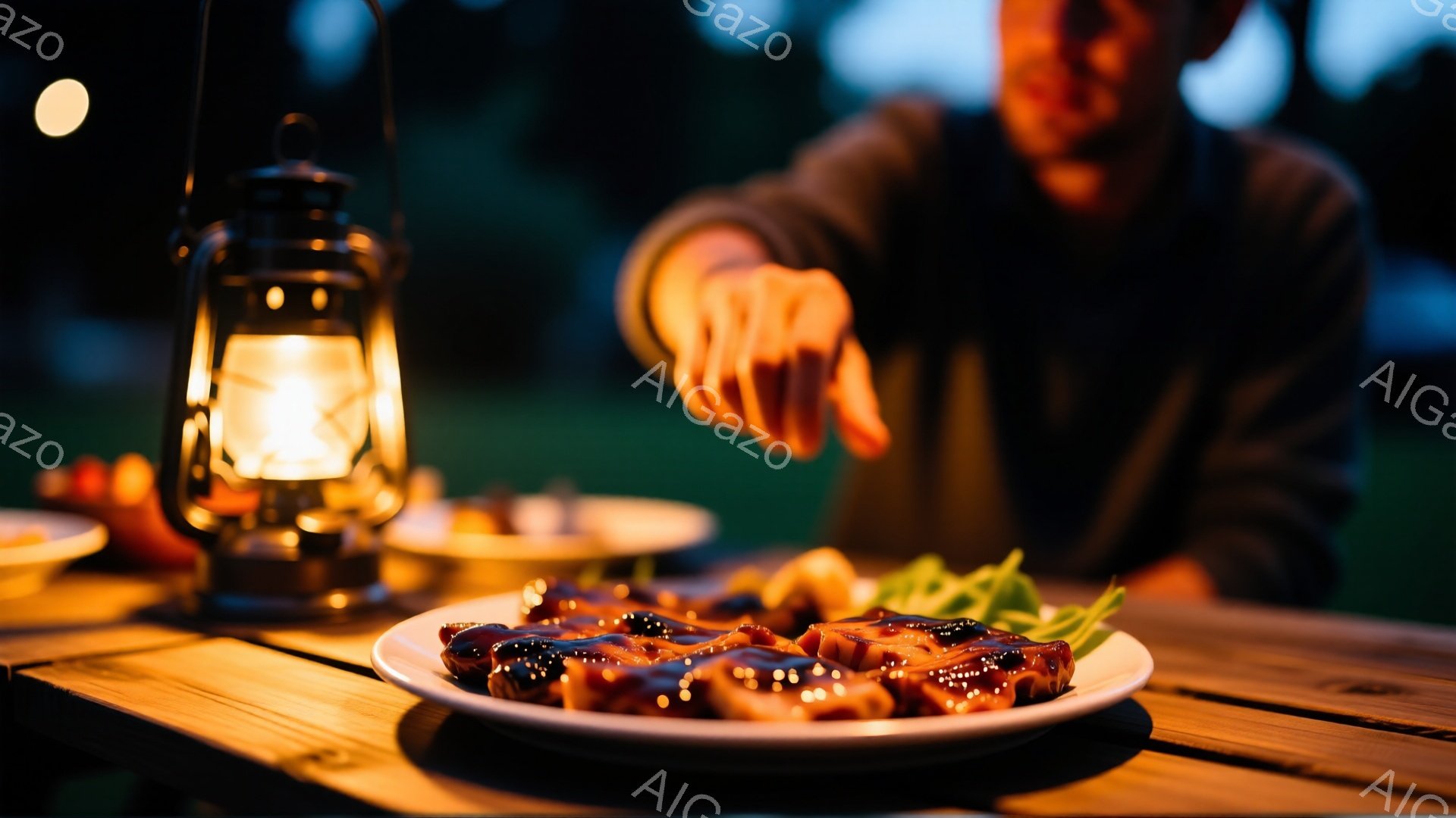 テーブルの上には照り照りの焼き鳥が盛られた白い皿があり、背景にはぼやけた人物が立っている。その人物は濃い色の服を着ており、手は何かを指し示すように伸びている。背景は暗く、木々が生い茂っているようで、テーブルの近くにはオイルランプが置かれ、温かい光を放っている。