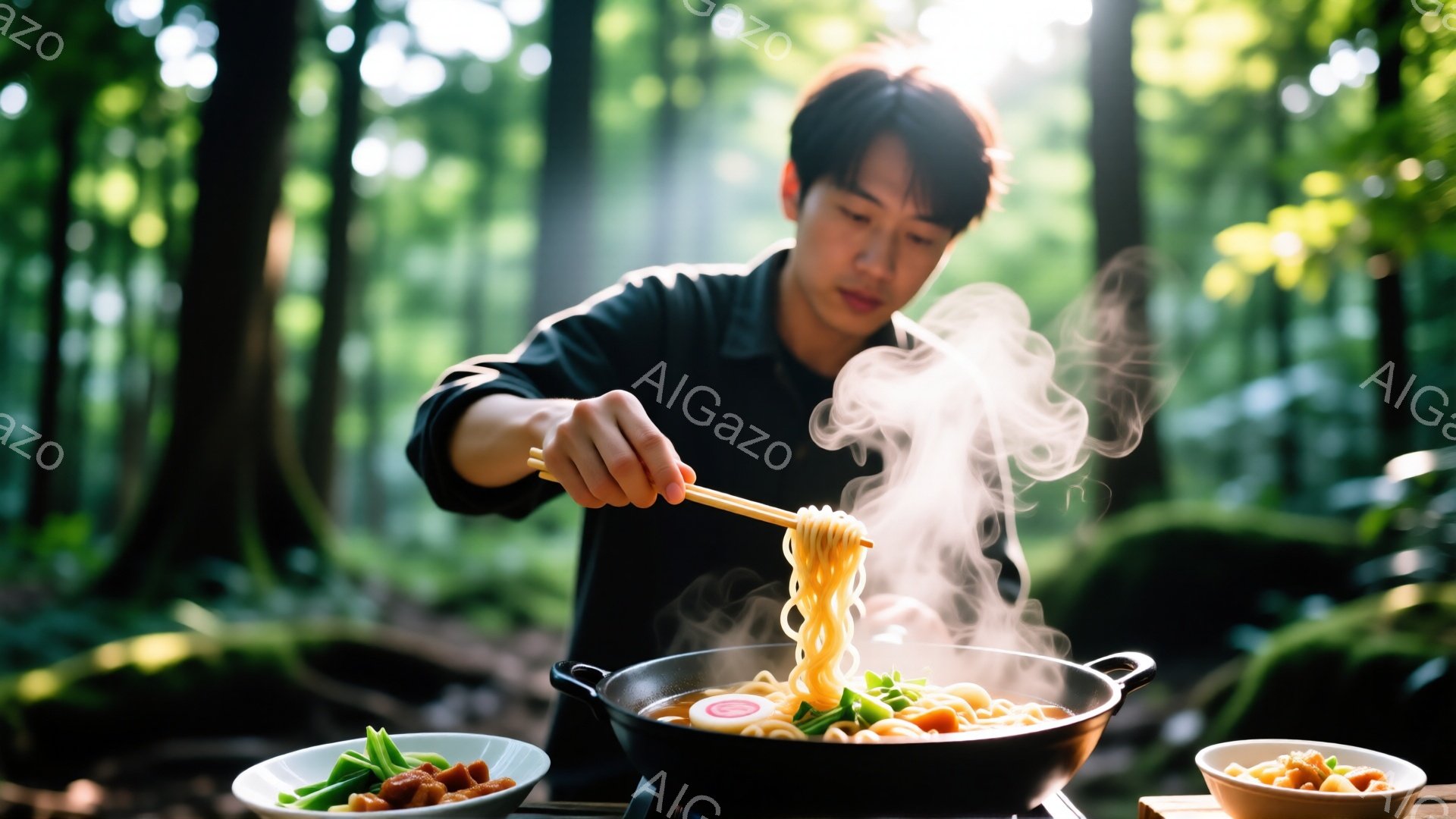 黒いシャツを着た若い男性が、屋外で鍋から麺を箸で持ち上げている。背景は緑豊かな森林で、太陽の光が木々の間から差し込み、湯気が立ち上る鍋と料理の周囲を照らしている。全体的に、自然の中で調理を楽しむ、温かく穏やかな雰囲気が感じられる。