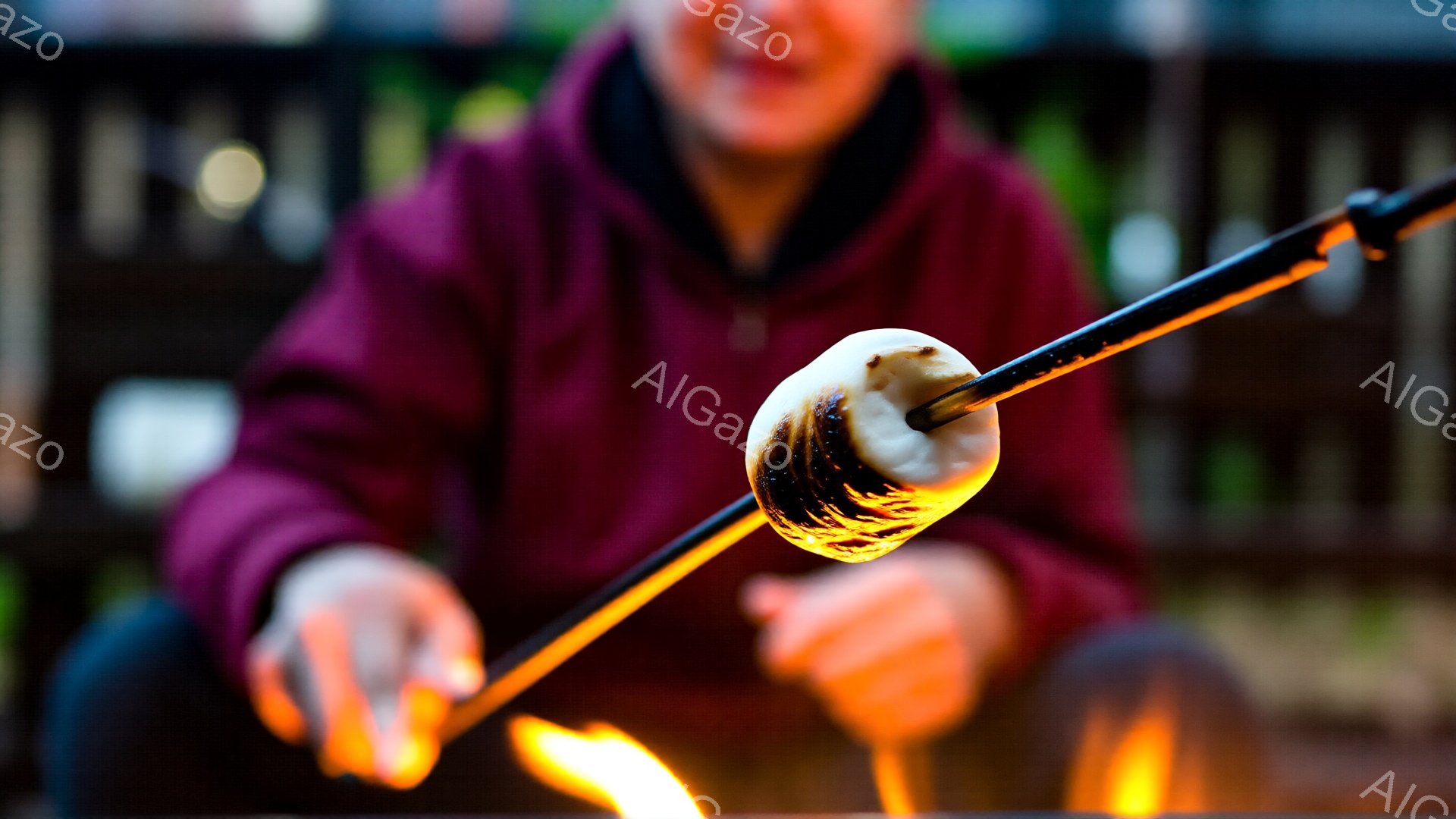 深紅色のパーカーを着た人物が、火にかざしたマシュマロを焼いている様子が捉えられています。マシュマロは片面が焦げ付き、金茶色と白のコントラストが印象的です。背景にはぼんやりとした炎と暗闇が広がり、暖かく親密な雰囲気を作り出しています。