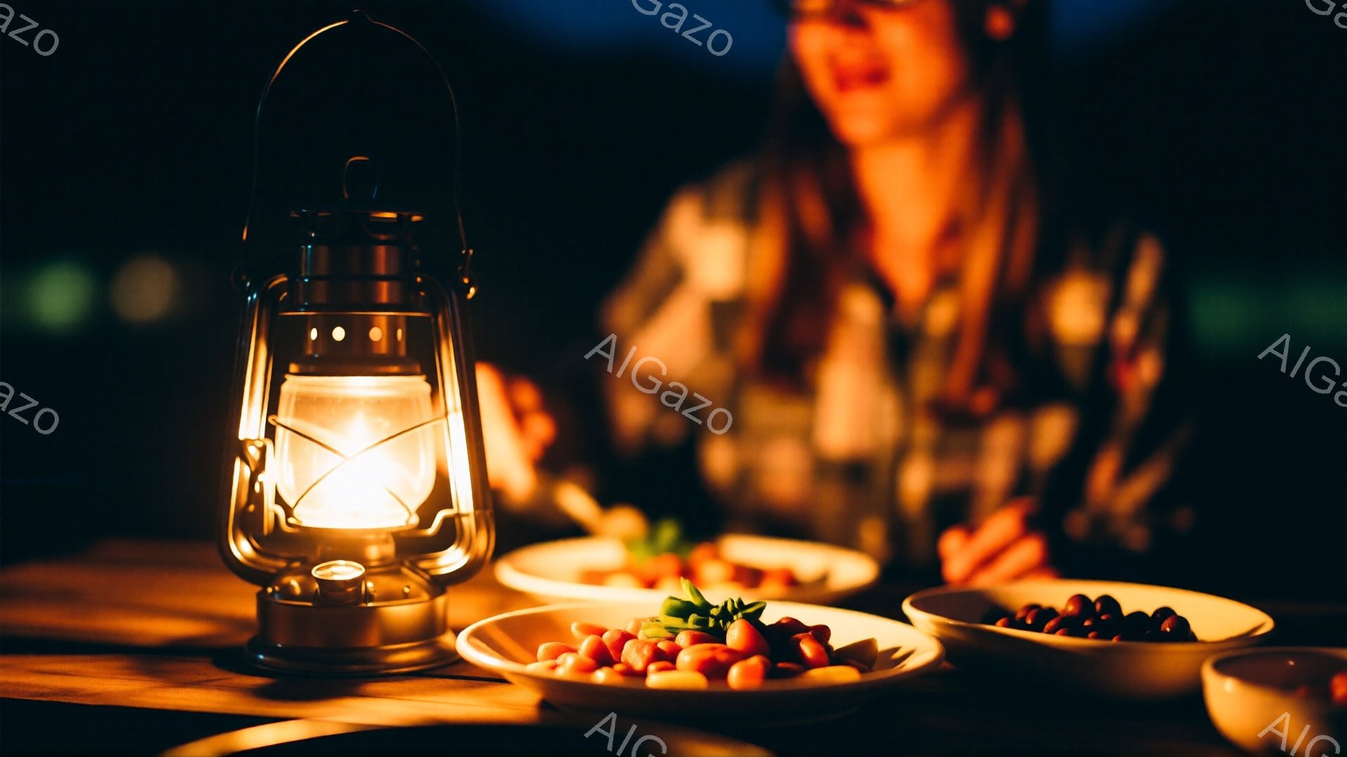 暖色の灯りがテーブルを照らし、料理が並べられた皿が焦点になっている。背景には、ぼやけた女性の姿が見え、彼女は柄物のシャツを着ている。 全体的に、食事を楽しむ静かで親密な雰囲気で、夕暮れ時の屋外のシーンを思わせる。