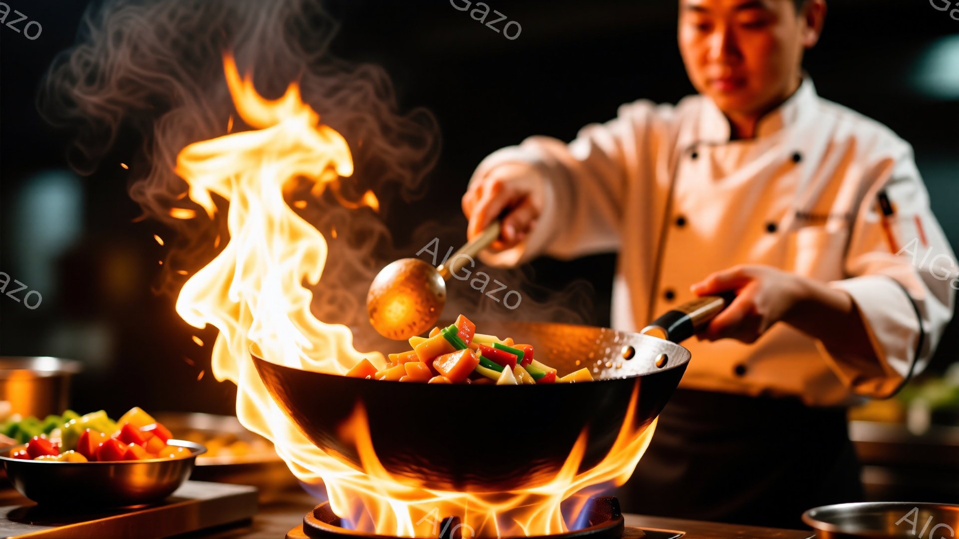 白いコックコートを着た男性が、燃え盛る中華鍋を前に立っている。彼は真剣な表情で鍋をかき混ぜており、炎が食材にかかり、ダイナミックな調理風景を表現している。背景は暗く、調理に焦点を当て、プロフェッショナ - AI生成フリー素材