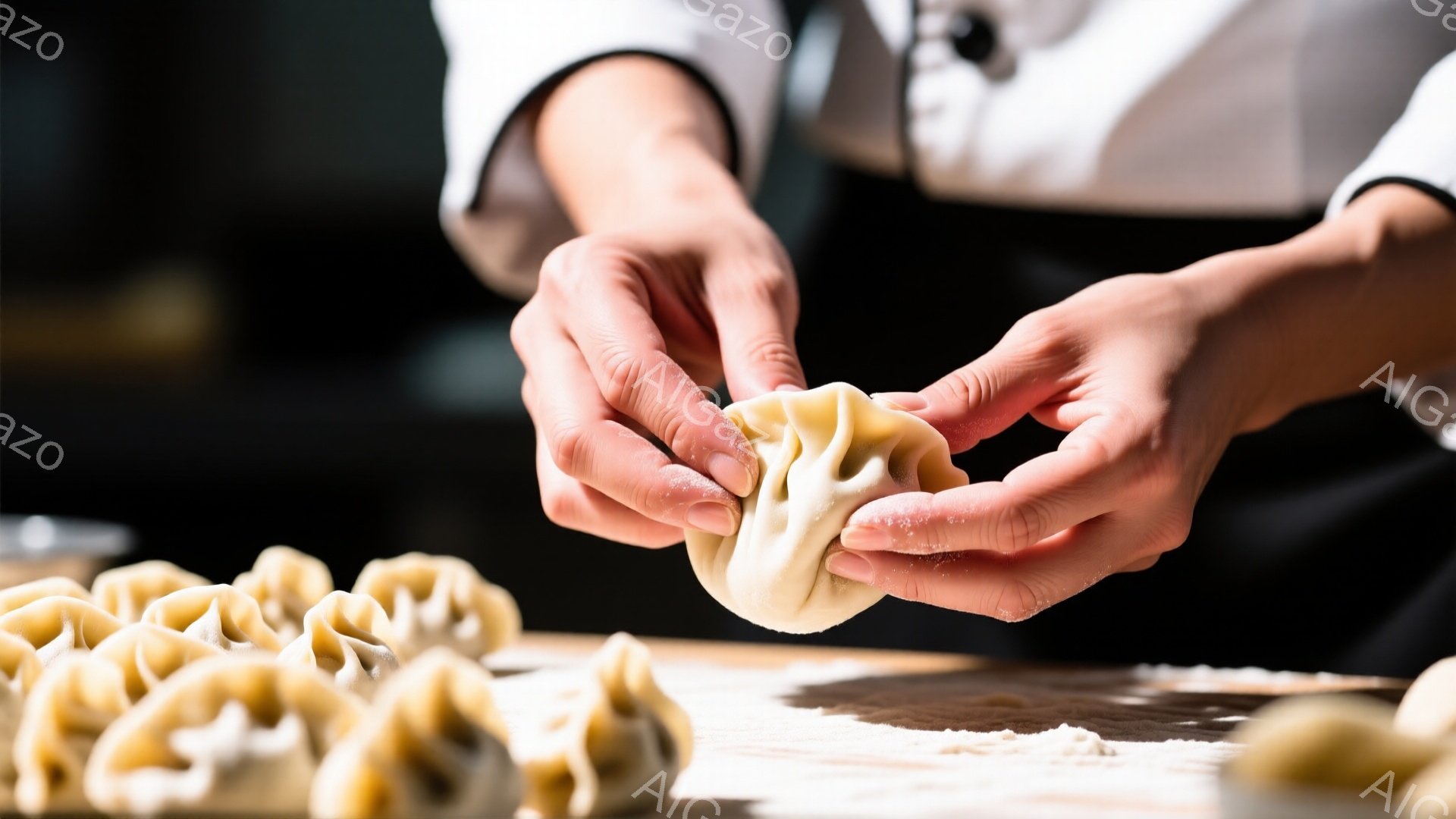 白いコックコートを着た人が、小麦粉をふんだんに使った作業台の上で餃子の皮を巧みに包んでいます。未完成の餃子がいくつか並び、手元の作業に集中している様子が伝わります。明るい照明と木製の台が、暖かく親しみ - AI生成フリー素材