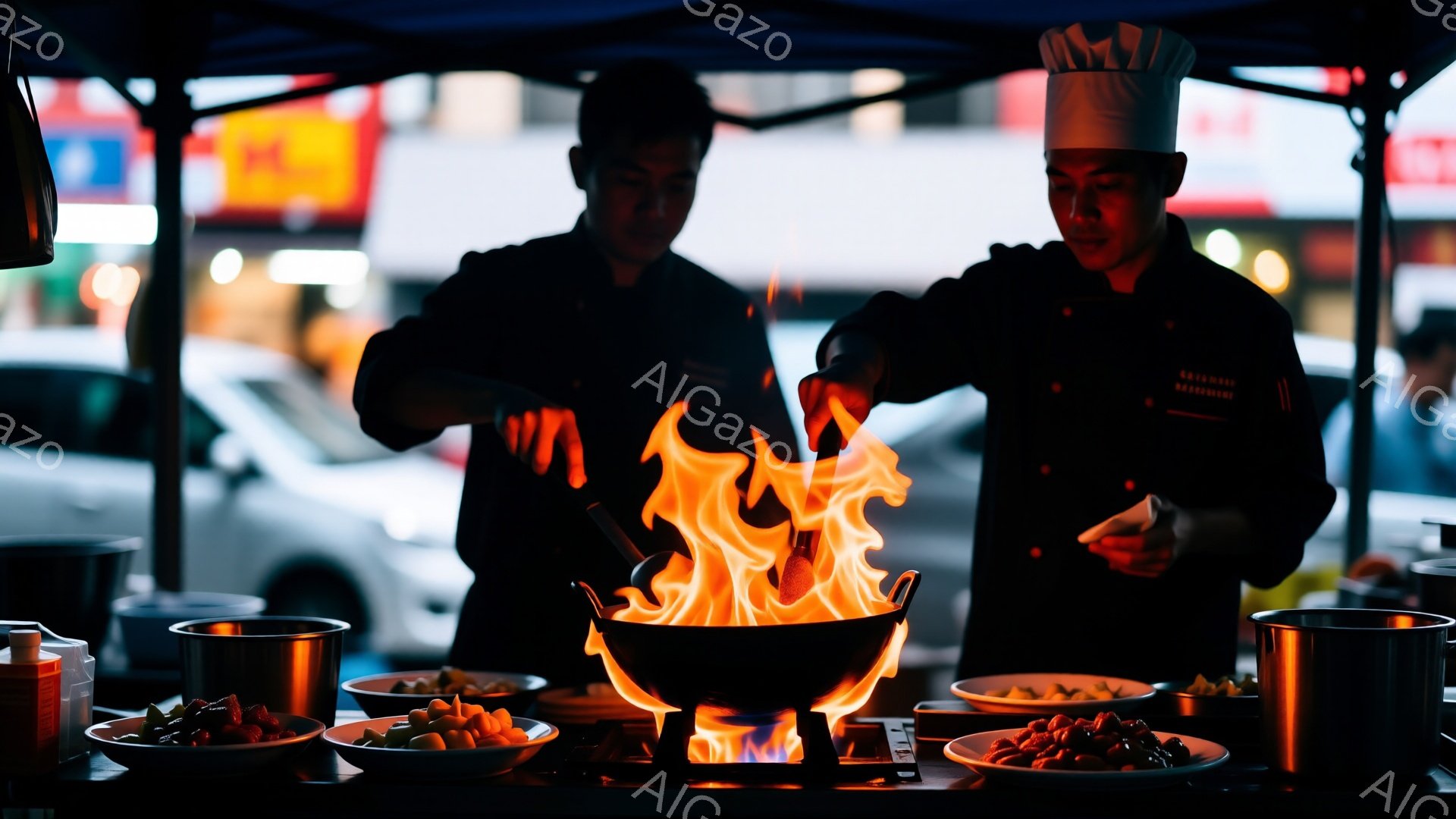 夜の屋台で、二人の料理人が調理をしている様子が写っている。彼らはコック帽と黒いユニフォームを着用し、片方の料理人はフライパンの中で炎を上げながら何かを調理し、もう一人は準備のために何かを手に持っている - AI生成フリー素材