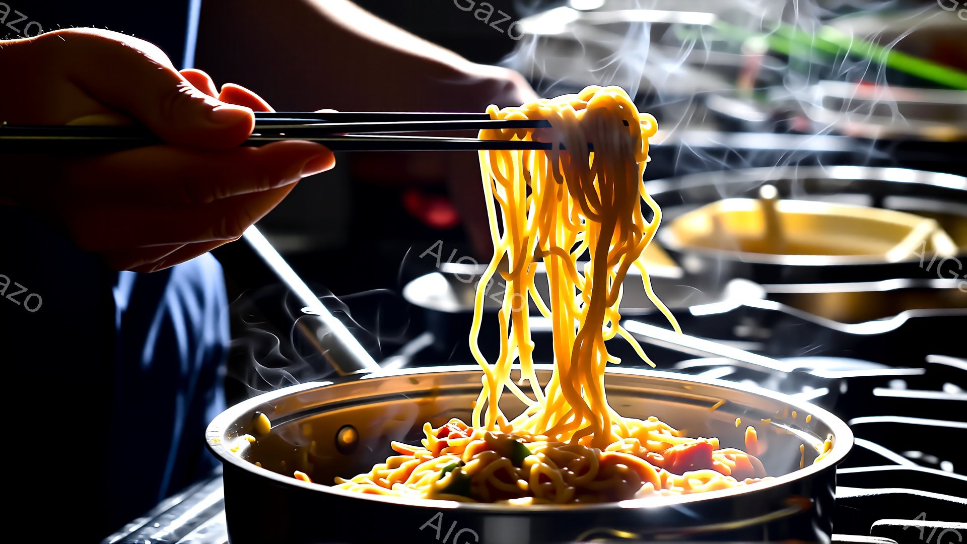 熱い湯気が立ち上る鍋から、箸で黄色い麺が持ち上げられている様子が捉えられています。背景には他の調理器具が見え、厨房のような環境であることが伺えます。麺の鮮やかな黄色と湯気によって、食欲をそそる雰囲気を作り出しています。