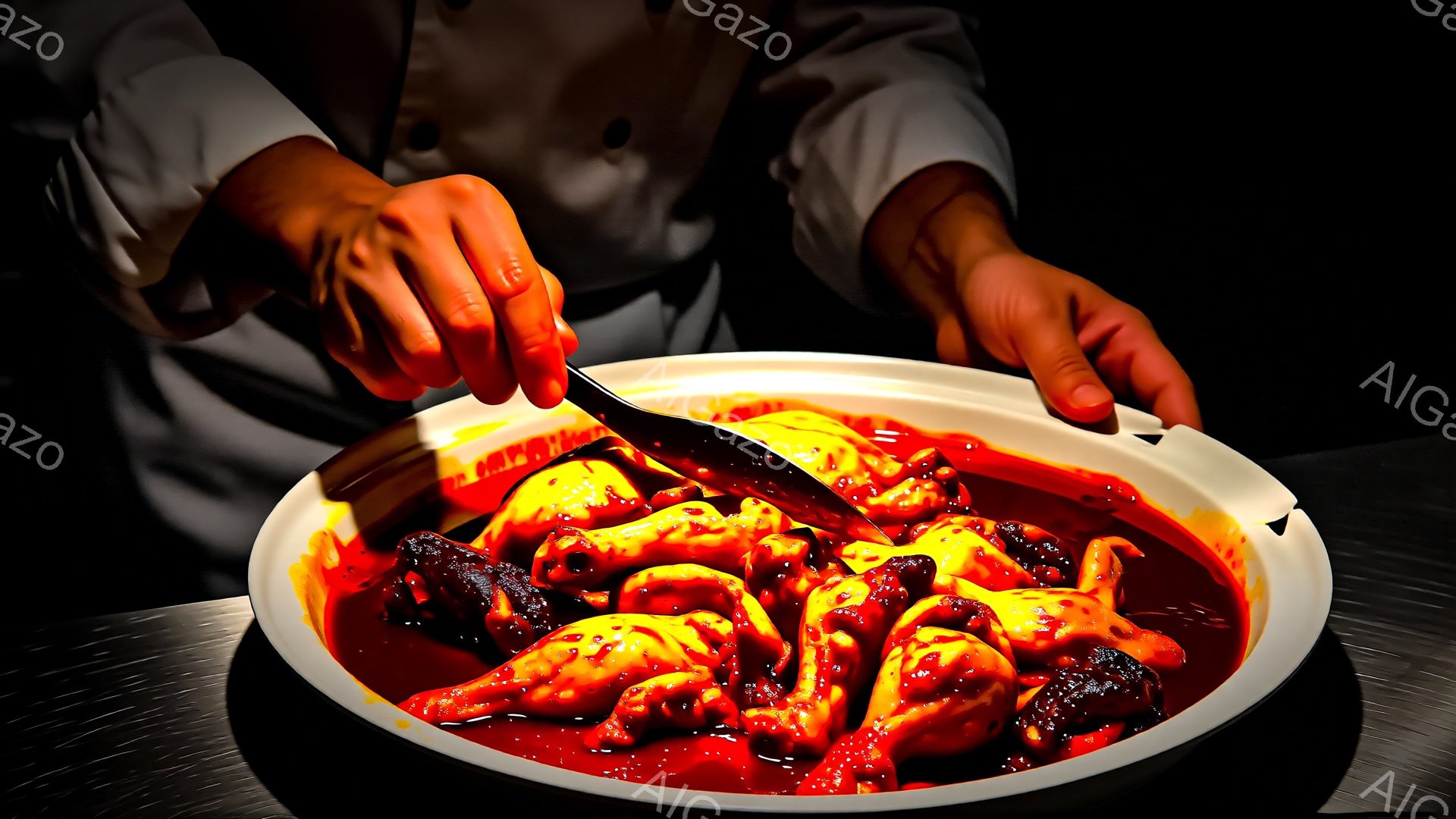 白いコックコートを着た人物が、赤いソースで覆われた鶏のドラムスティックが盛られた白い楕円形の皿をフォークとスプーンで扱っている。背景は暗く、皿と料理に焦点が当たっている。料理は辛そうで、全体的に鮮烈で食欲をそそる雰囲気である。