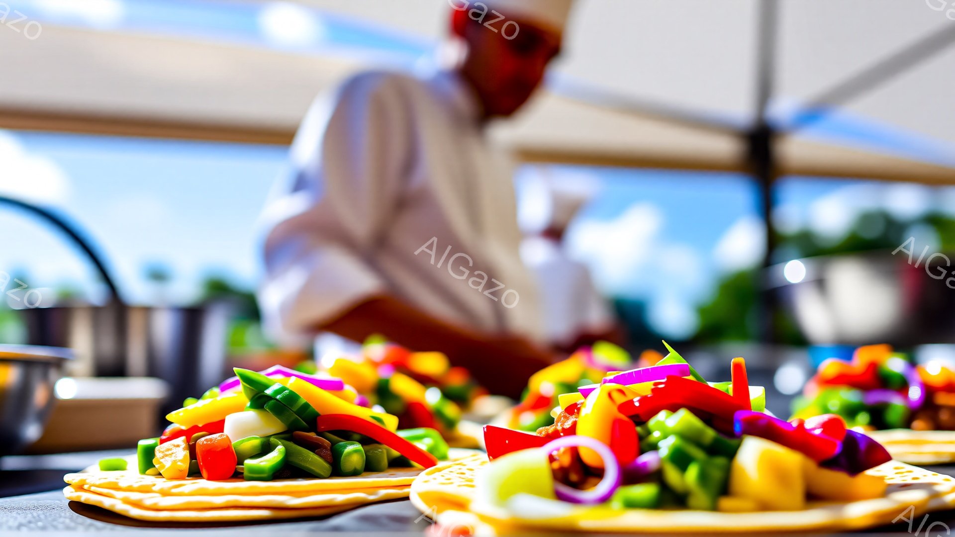 ピタパンの上に、赤、緑、紫、黄色の彩り豊かな野菜が細かく刻んでトッピングされている様子が写っている。背景には、白い服を着てしゃがんだ人物が見えるが、顔はぼやけており、全体的に屋外の明るい日差しの中で料 - AI生成フリー素材