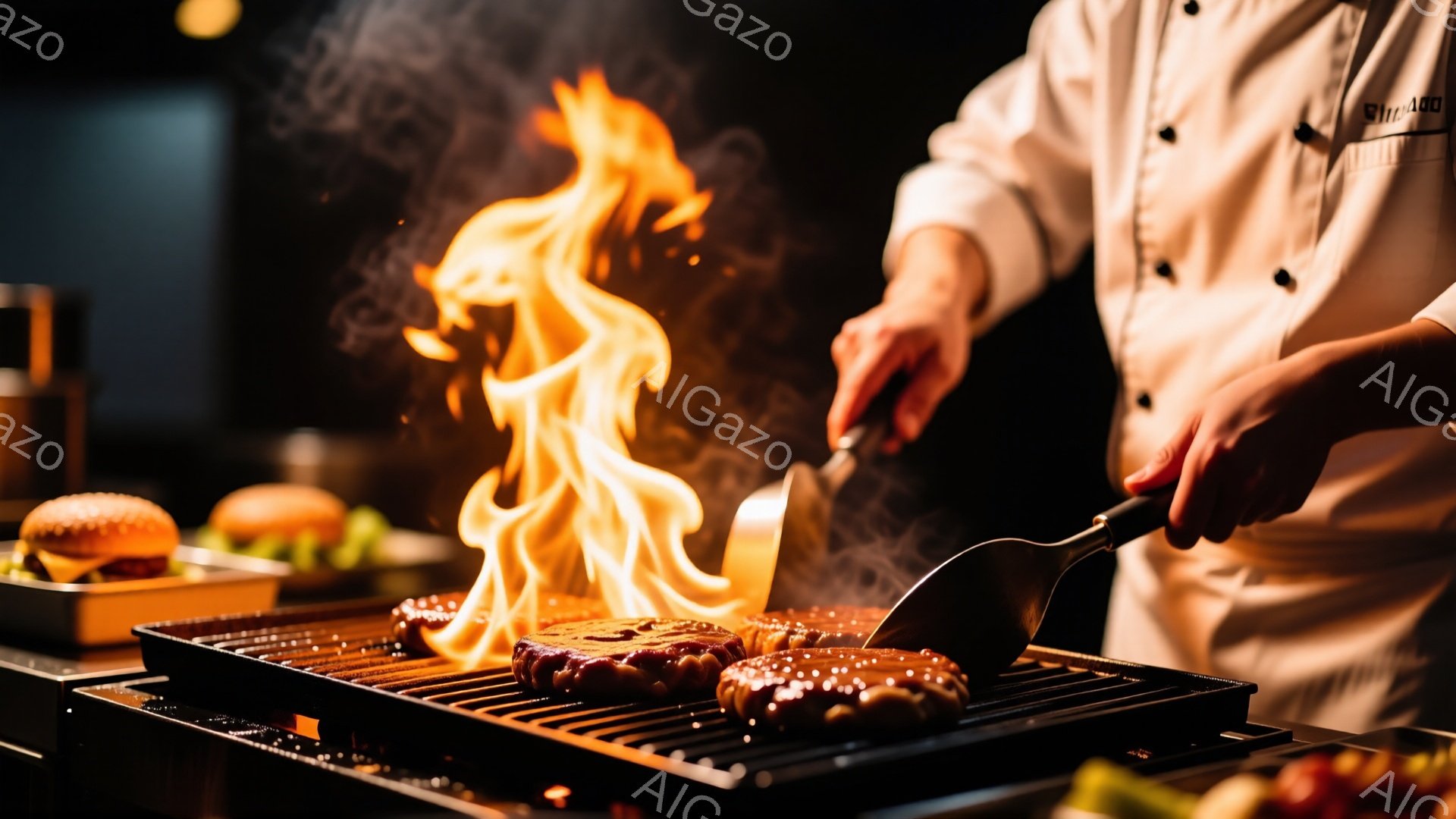 白いコックコートを着た人が、熱いグリルで肉を焼いている様子が捉えられています。炎が立ち上り、調理中の肉が赤く照らされています。背景には緑色の野菜やハンバーガーが並べられ、プロフェッショナルな料理の現場 - AI生成フリー素材
