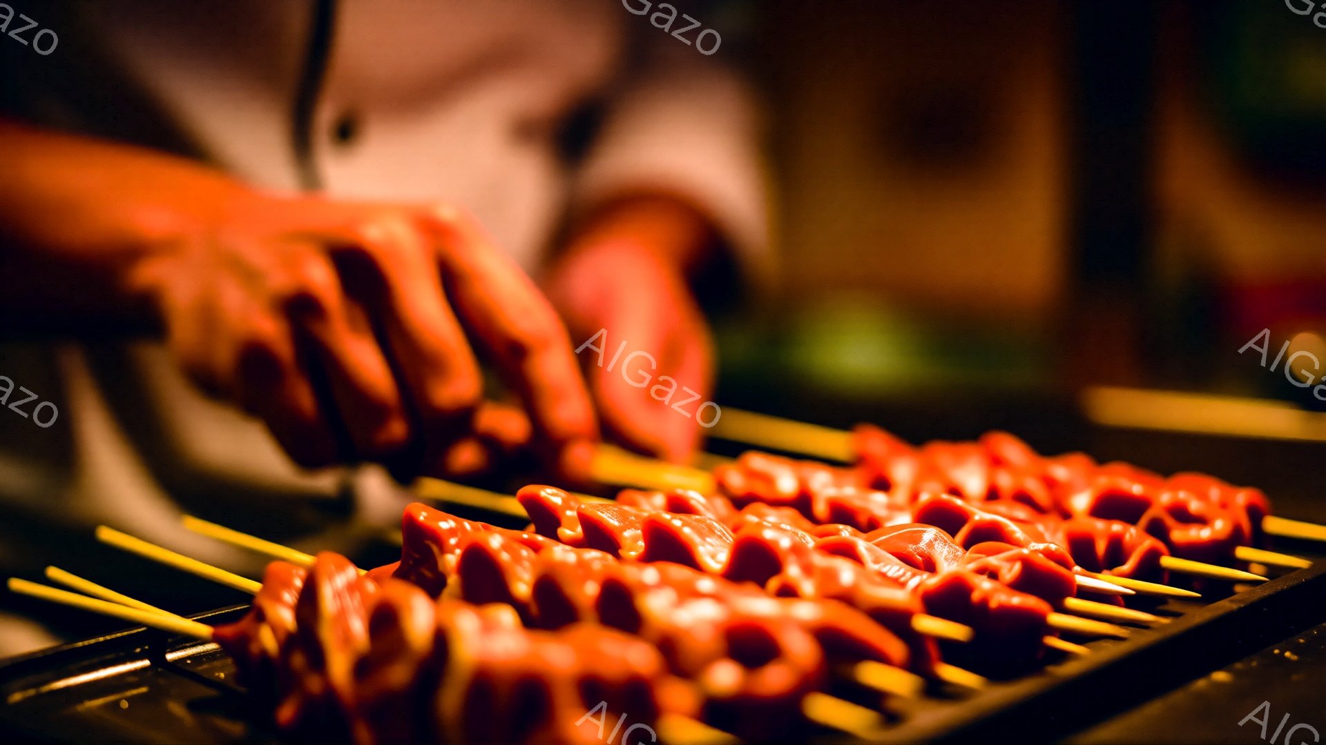串に刺された赤い肉が並べられ、照り照りと輝いている。背景は暗く、おそらく屋台や調理スペースの一部が見え、暖かく活気のある雰囲気が漂っている。肉を焼いている人物はわずかにしか見えず、調理に集中している様子が伺える。