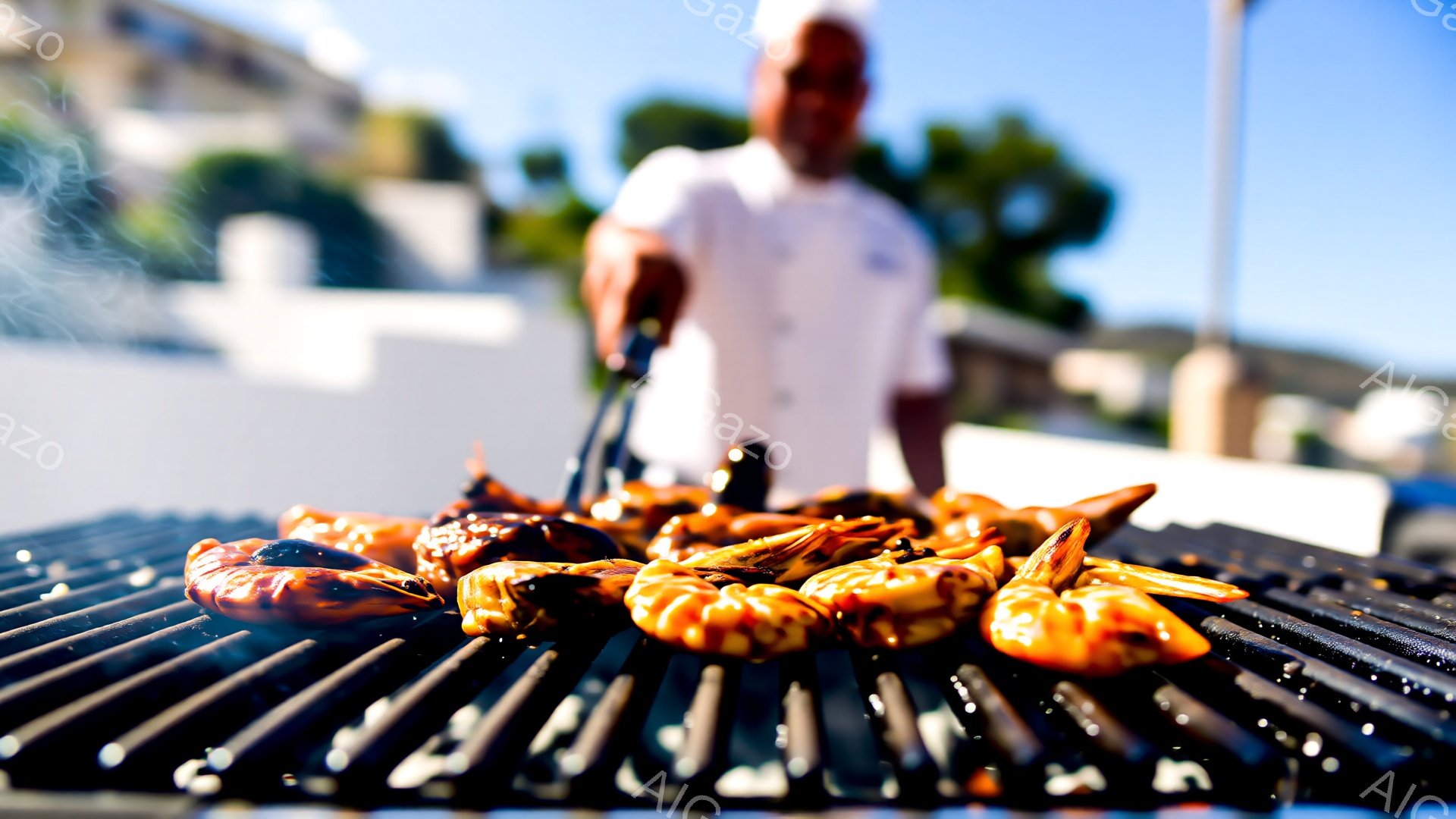 グリルで焼かれているエビがアップで捉えられています。エビは照り焼きのような甘辛いタレがかかり、美味しそうです。背景には白衣を着用した男性がぼやけており、青空と白い建物が見え、屋外の晴れた日である様子が - AI生成フリー素材