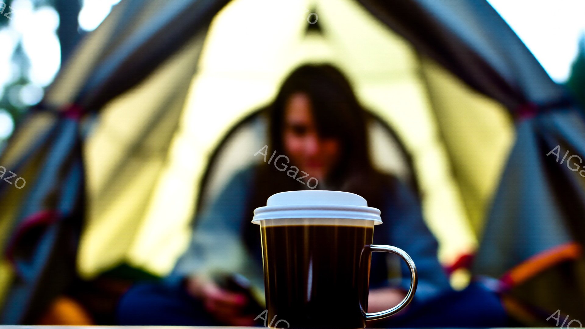 焦点は、蓋付きのコーヒーまたは紅茶が入った陶器のマグカップに当てられています。背景はぼやけており、テントの内部で何かが読んでいる人物を示唆しています。全体的に、暖かく親密な、アウトドアでのリラックスした朝の雰囲気を醸し出しています。