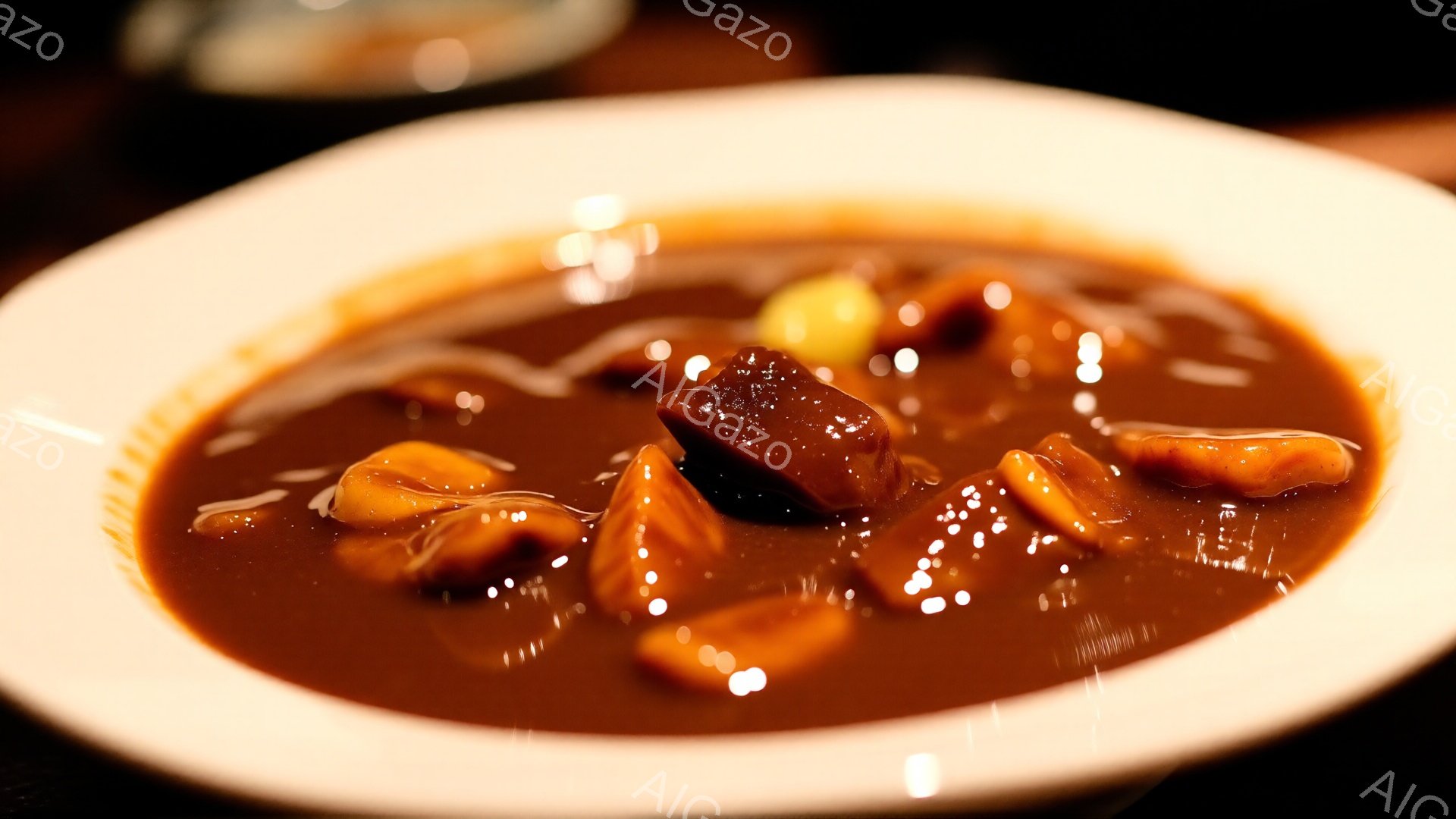 白い皿に、濃い茶色のカレーが盛られています。鶏肉や野菜がごろごろと入っており、玉ねぎやじゃがいもなどが確認できます。全体的に光沢があり、家庭的な温かさと食欲をそそる雰囲気が漂っています。 - AI生成フリー素材