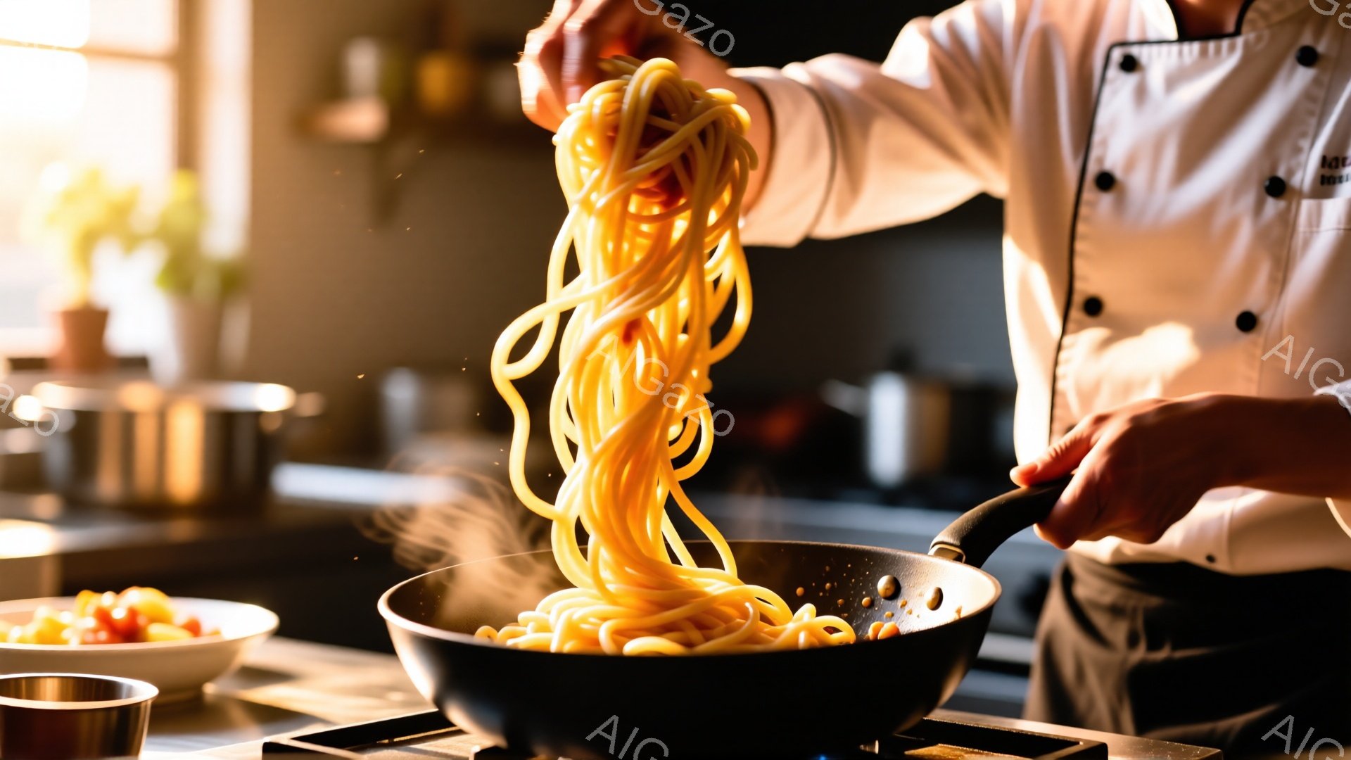 白いコックコートを着た人が、フライパンの中で湯気を立てるパスタを高く掲げています。調理人は黒髪で、腕を伸ばしてパスタを空中に舞い上がらせる動作をしています。背景にはぼやけた厨房の様子が見え、料理への情熱と活気が感じられる、温かい雰囲気のキッチンです。