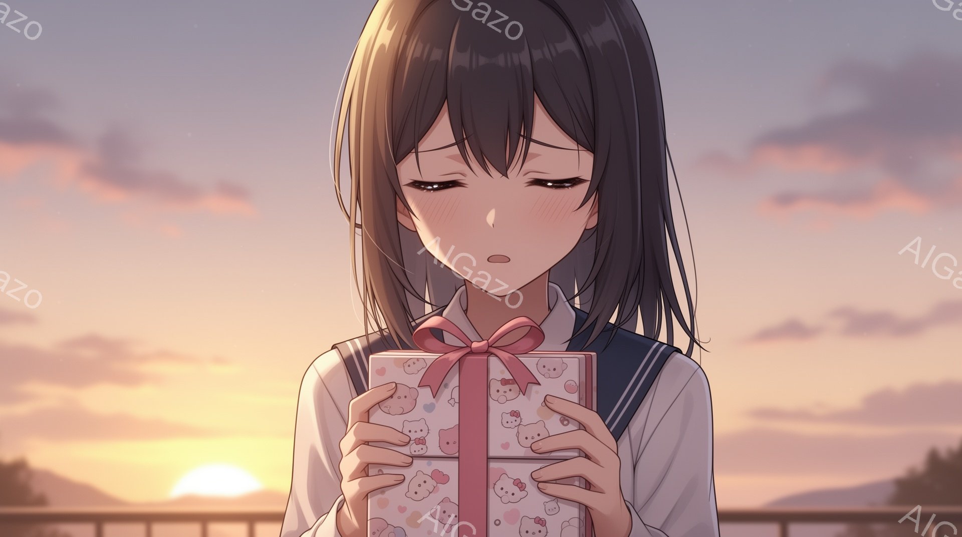 画像は、茶色の髪の少女が、ピンク色のリボンで飾られたプレゼントの箱を両手で抱えています。彼女は制服を着ており、少し驚いたような、あるいは感動したような表情をしています。背景は夕焼けで、オレンジとピンクの空が広がっており、遠くには山のシルエットが見えます。