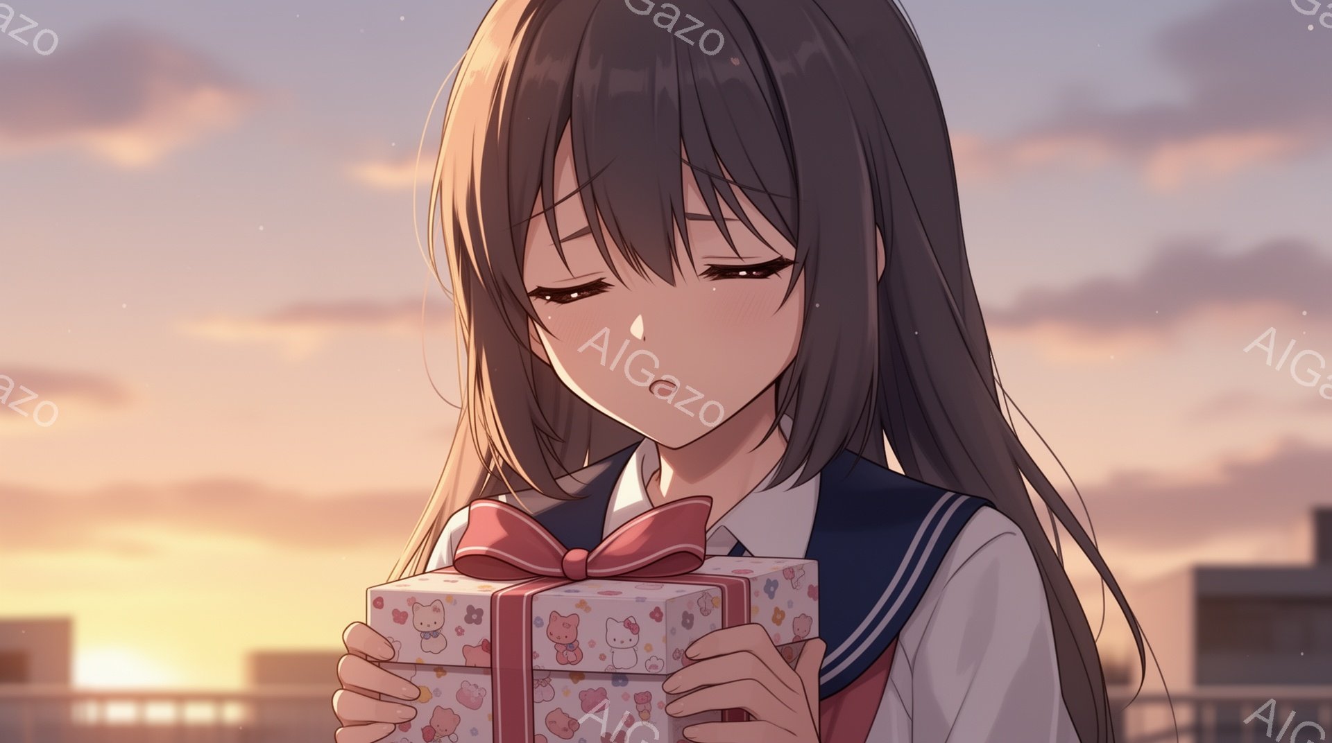 長い黒髪の少女が、赤いリボンで飾られた複数のプレゼントボックスを抱えています。彼女は制服を着ており、少し悲しげな表情をしています。背景には夕焼けと、ぼやけた建物が見え、全体的に物憂げで穏やかな雰囲気が - AI生成フリー素材