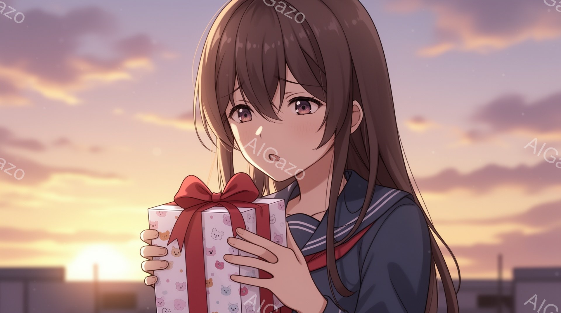 長い茶色の髪をした若い女性が、可愛らしい柄のリボンで飾られたプレゼントの箱を両手で抱えています。彼女は紺色のセーラー服を着ており、驚きと喜びが入り混じった表情をしています。背景には夕焼け空と建物のシル - AI生成フリー素材