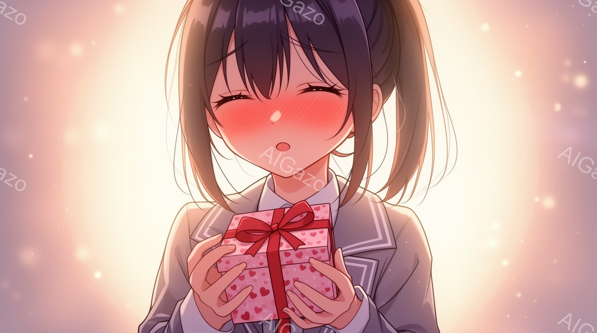 長い黒髪で、前髪はぱっつんカット、サイドにかけて毛が流れています。制服のような衣装を着ており、ピンク色のハート柄のリボンが付いたギフトボックスを両手で抱え、頬を赤らめて微笑んでいます。背景は淡いオレン - AI生成フリー素材