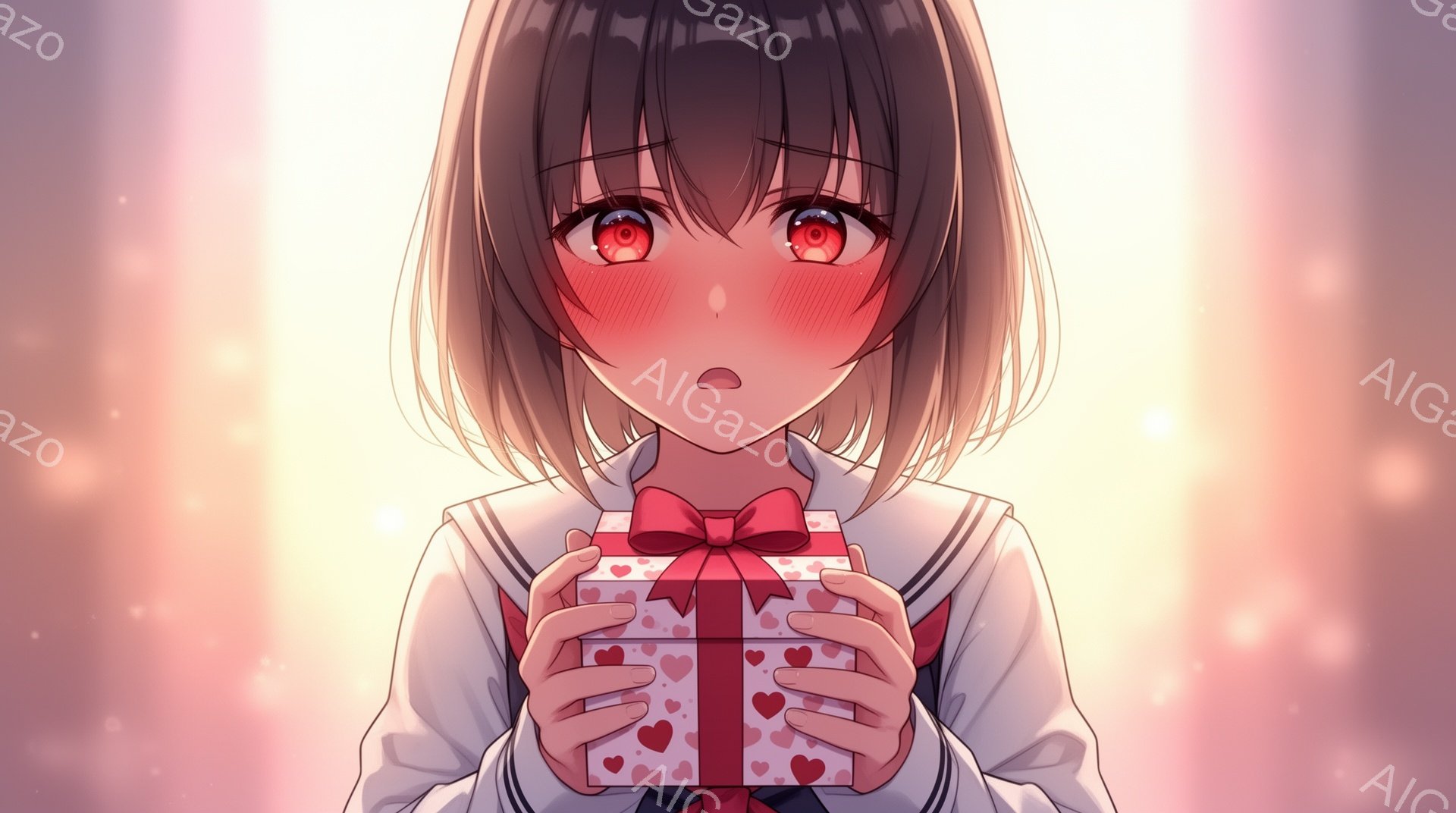 明るい茶色のショートヘアの少女が、赤いリボンとハート柄のギフトボックスを両手で抱えています。彼女は驚いた表情で頬を赤らめ、白いセーラー服を着ています。背景はぼやけた光で満たされ、暖かくロマンチックな雰囲気を醸し出しています。