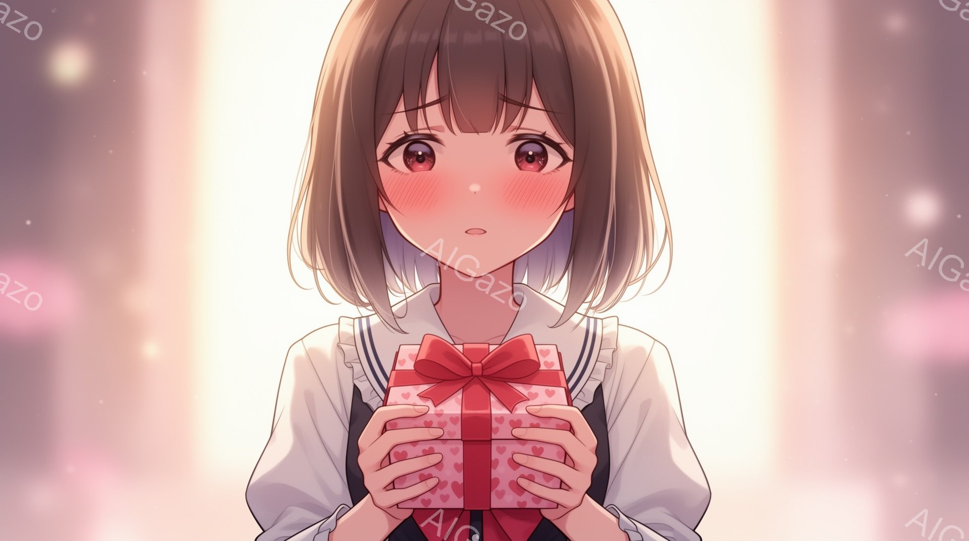 画像は、明るい茶色の髪を肩まで伸ばした若い女性が描かれています。彼女は白いブラウスに赤いリボンとサスペンダーが付いた服装で、両手でハート柄の赤いギフトボックスを大切に抱えています。背景はぼやけた光のぼ - AI生成フリー素材