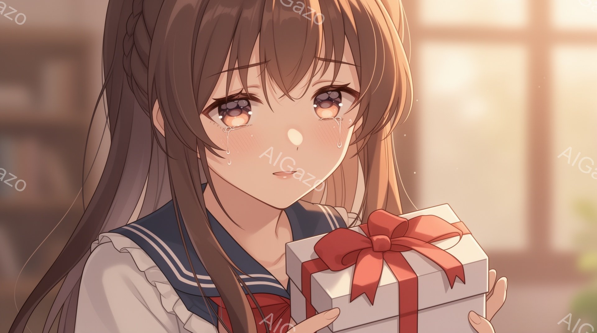 画像は、涙を浮かべた少女が描かれています。彼女はセーラー服を着ており、長い茶色の髪は肩にかかっています。少女は白いリボンで飾られた白い箱を両手で抱え、悲しげな表情をしています。