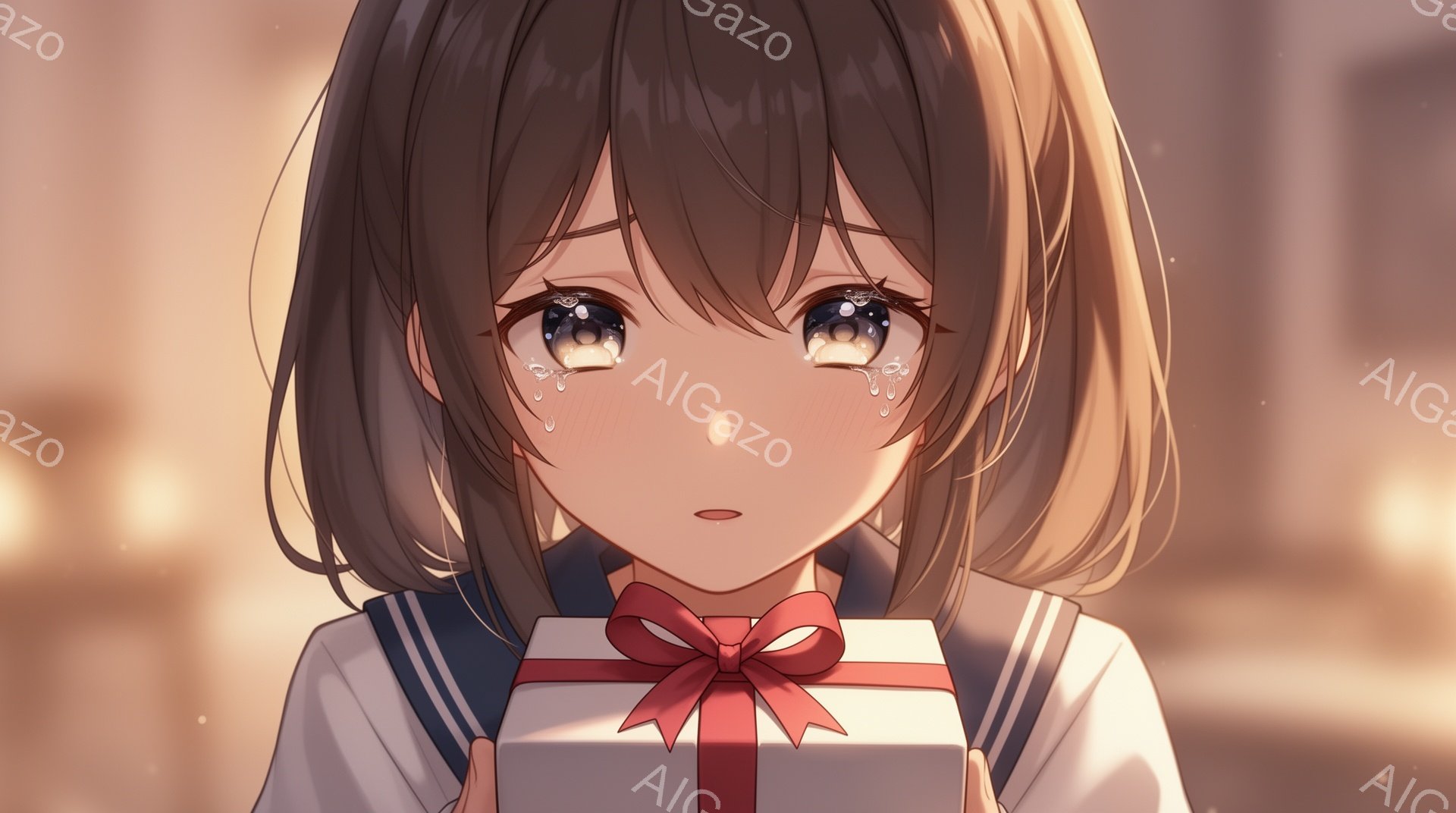 画像は、茶色の短いウェーブヘアの少女が描かれており、大きな青い目で涙を浮かべています。彼女は白いセーラー服を着ており、赤いリボンで飾られた白い箱を両手で抱えています。背景はぼやけていますが、暖色系の照明が使用されており、切なく、少し悲しい雰囲気を醸し出しています。