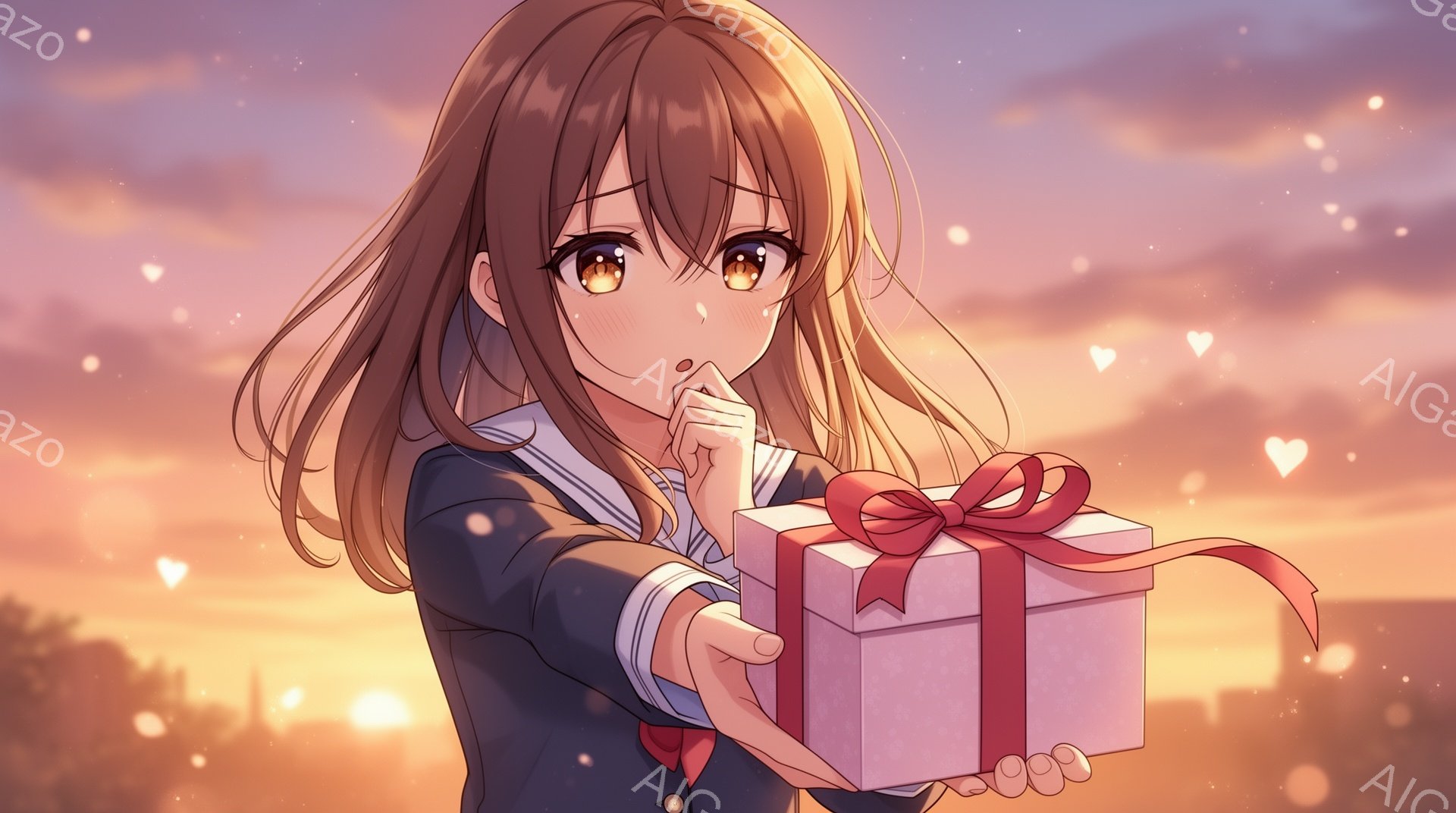 明るい茶髪の少女が、左手を頬に当てて微笑んでいます。紺色のブレザーに白いシャツ姿で、プレゼントの箱を両手で差し出しています。背景は夕焼け空と街並みで、光の粒子が舞い、ロマンチックで温かい雰囲気を醸し出しています。