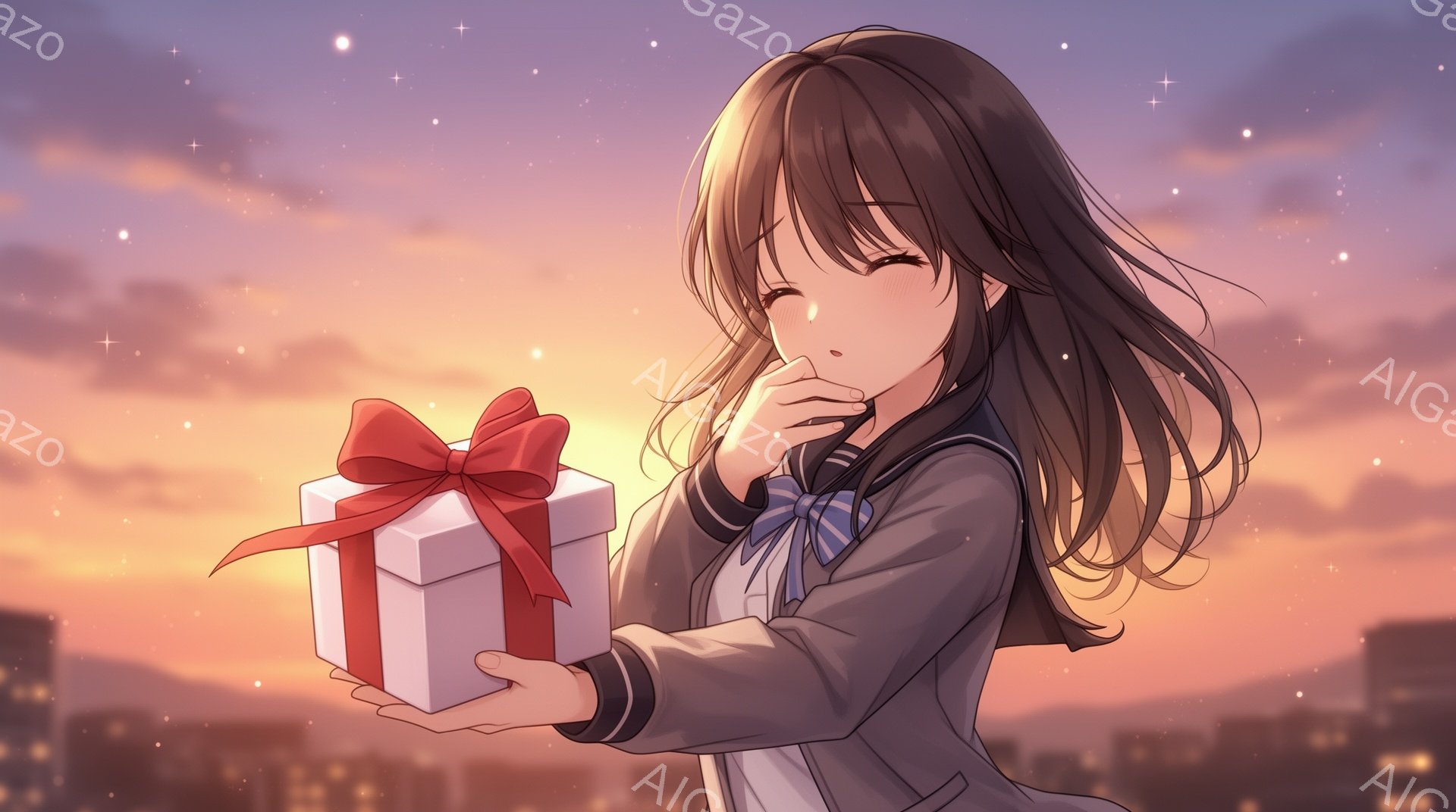 長い茶色の髪を持つ少女が、赤いリボンで飾られた白い箱を両手で差し出しています。彼女は制服のような服装で、表情は少し照れくさそうに微笑んでいます。背景には都市の明かりと夕焼けのオレンジ色とピンク色の空が広がり、星が散りばめられた幻想的な雰囲気です。