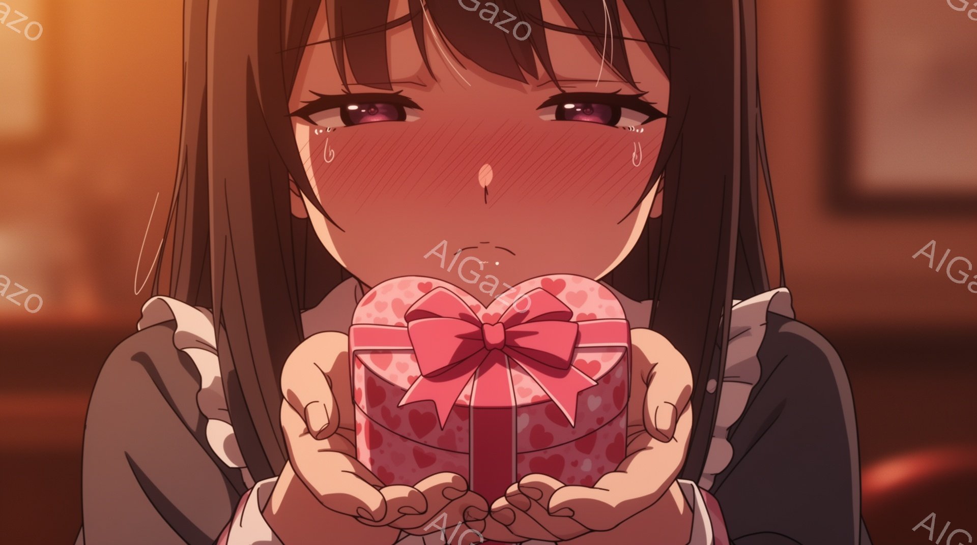 長い茶色の髪を持つ少女が、両手でハート柄のピンク色のプレゼントボックスを抱えています。彼女は頬を赤らめ、困惑と幸福が入り混じった表情をしています。背景はぼやけており、暖色系の照明が彼女を照らし、甘くロ - AI生成フリー素材