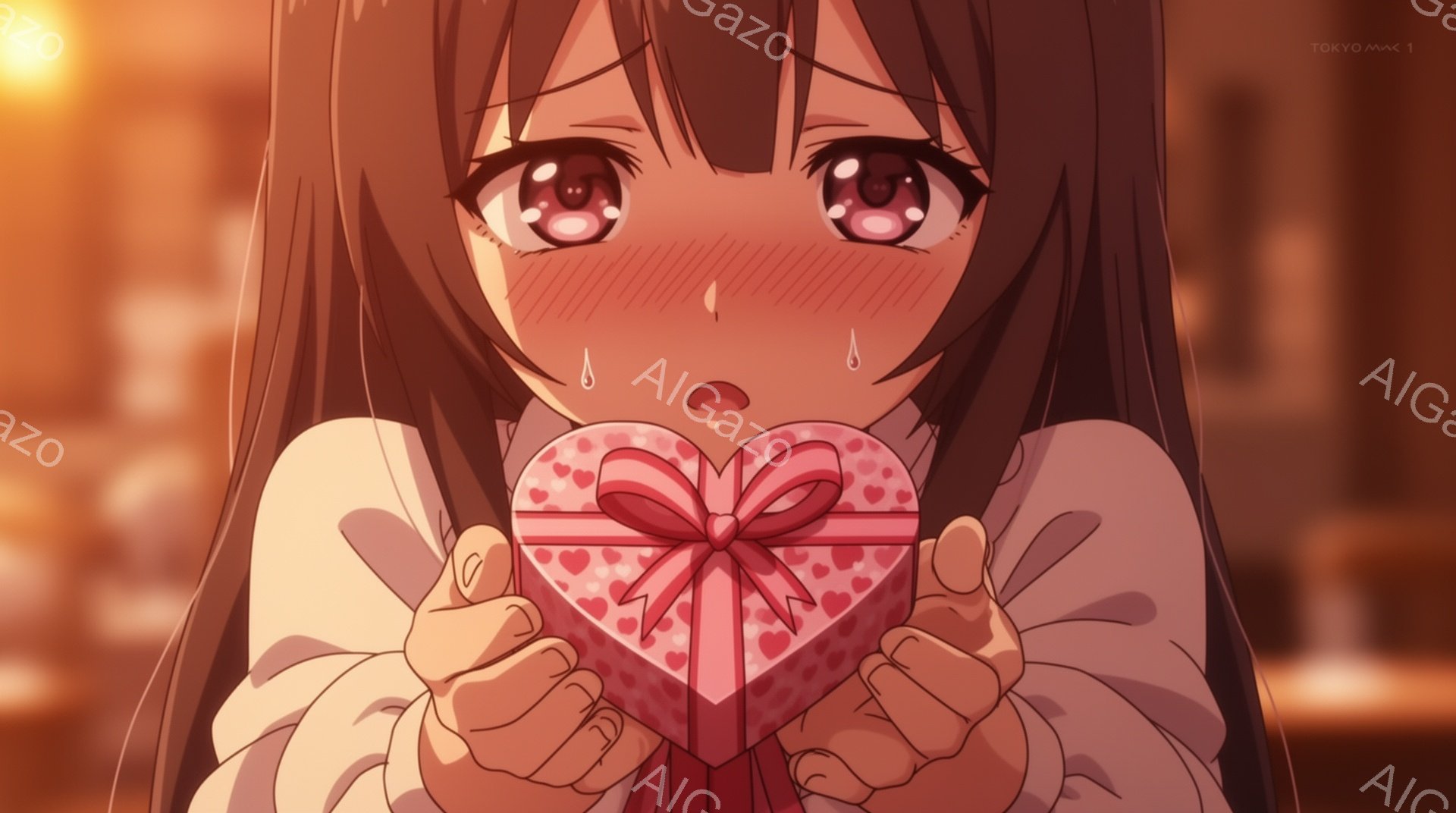 長い茶色の髪を持つ少女が、ピンク色のハート型のギフトボックスを両手で抱えています。彼女は涙を流しており、驚きと感動が入り混じった表情をしています。背景はぼやけた街並みで、温かい光が彼女を照らし、感動的 - AI生成フリー素材