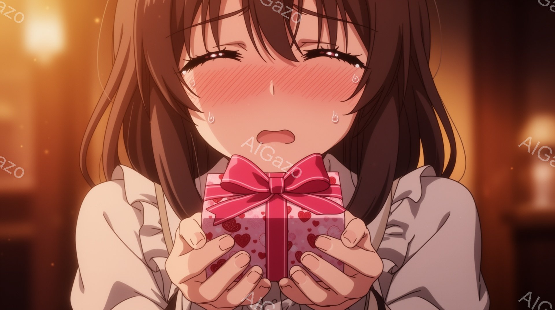 長い茶色の髪の女性が、両手で赤いリボンとハート模様のプレゼントの箱を持っています。彼女は頬を赤らめ、涙を浮かべた表情で、感動している様子が伺えます。背景はぼかされており、暖色系の照明が印象的で、ロマン - AI生成フリー素材