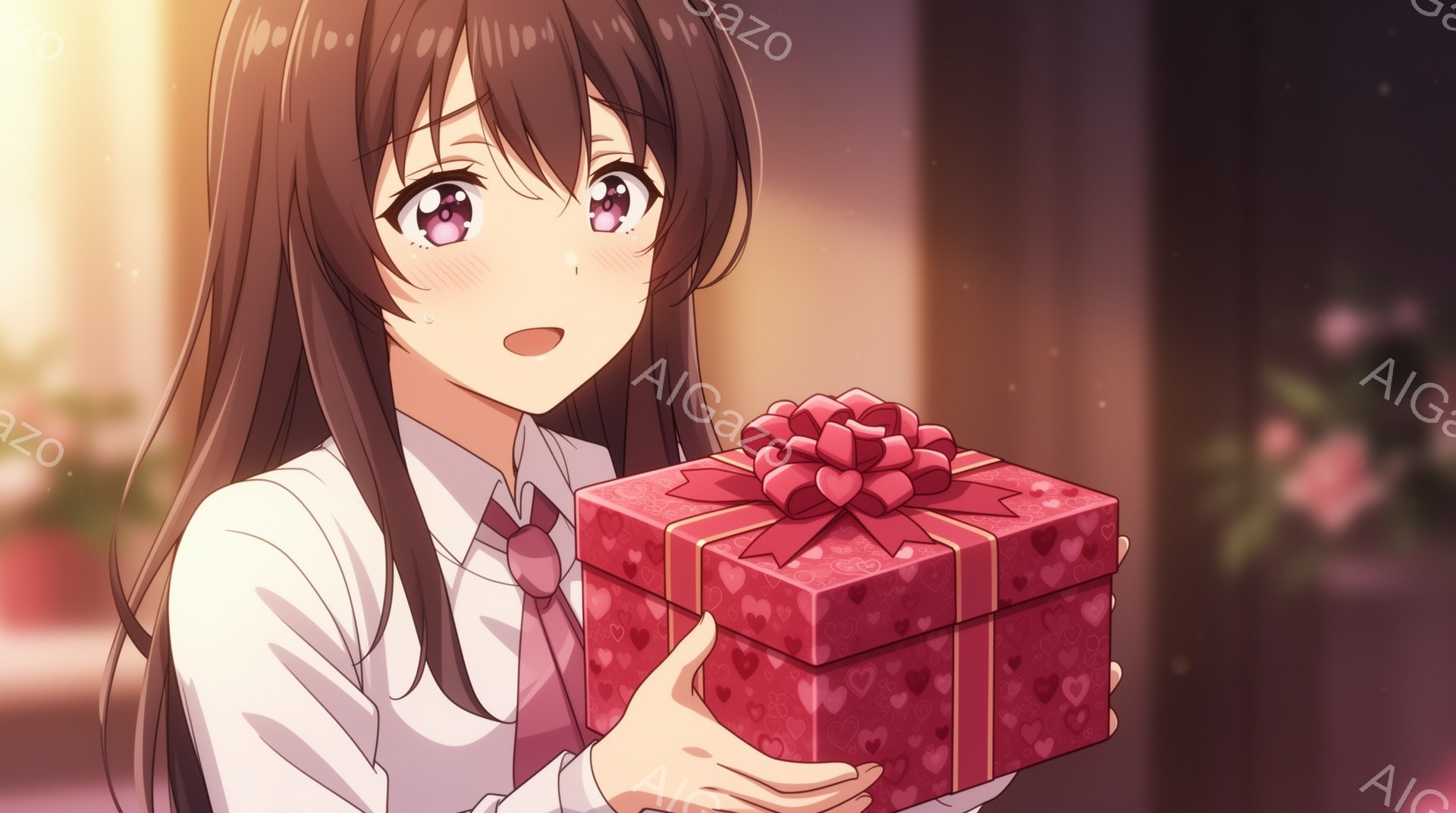 長い茶色の髪を持つ少女が、ピンク色のハート柄のギフトボックスを両手で抱えています。彼女は白いシャツにピンク色のネクタイをしており、嬉しそうな表情で頬を赤らめています。背景にはぼやけた花が飾られており、 - AI生成フリー素材