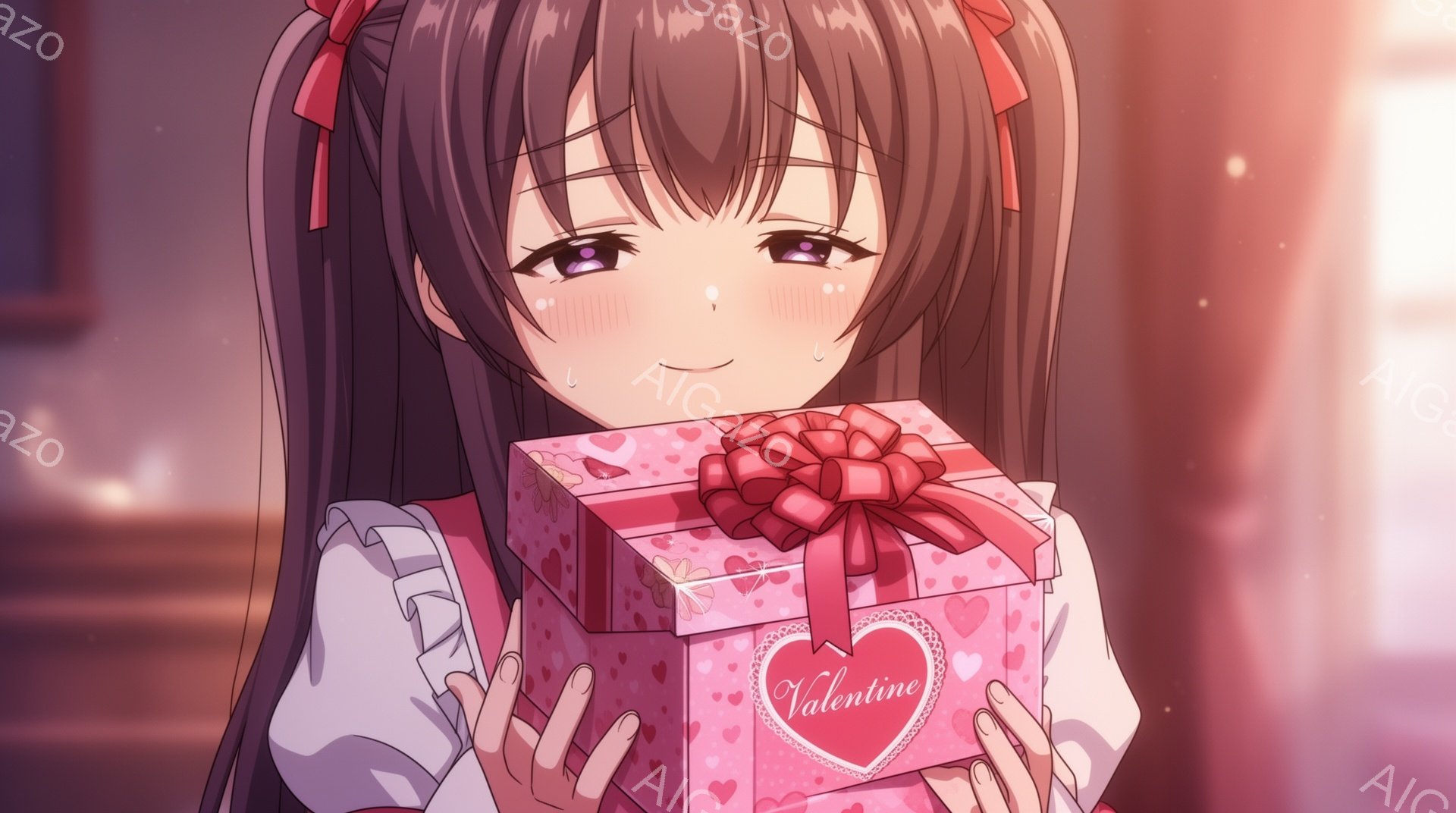 明るい茶色の髪をツインテールにし、赤いリボンで結んだ少女が、大きなピンク色のギフトボックスを両手で抱えています。彼女は少し照れたような表情で、ほほえんでいます。背景はぼかされており、暖かい光が差し込み、ロマンチックな雰囲気を醸し出しています。