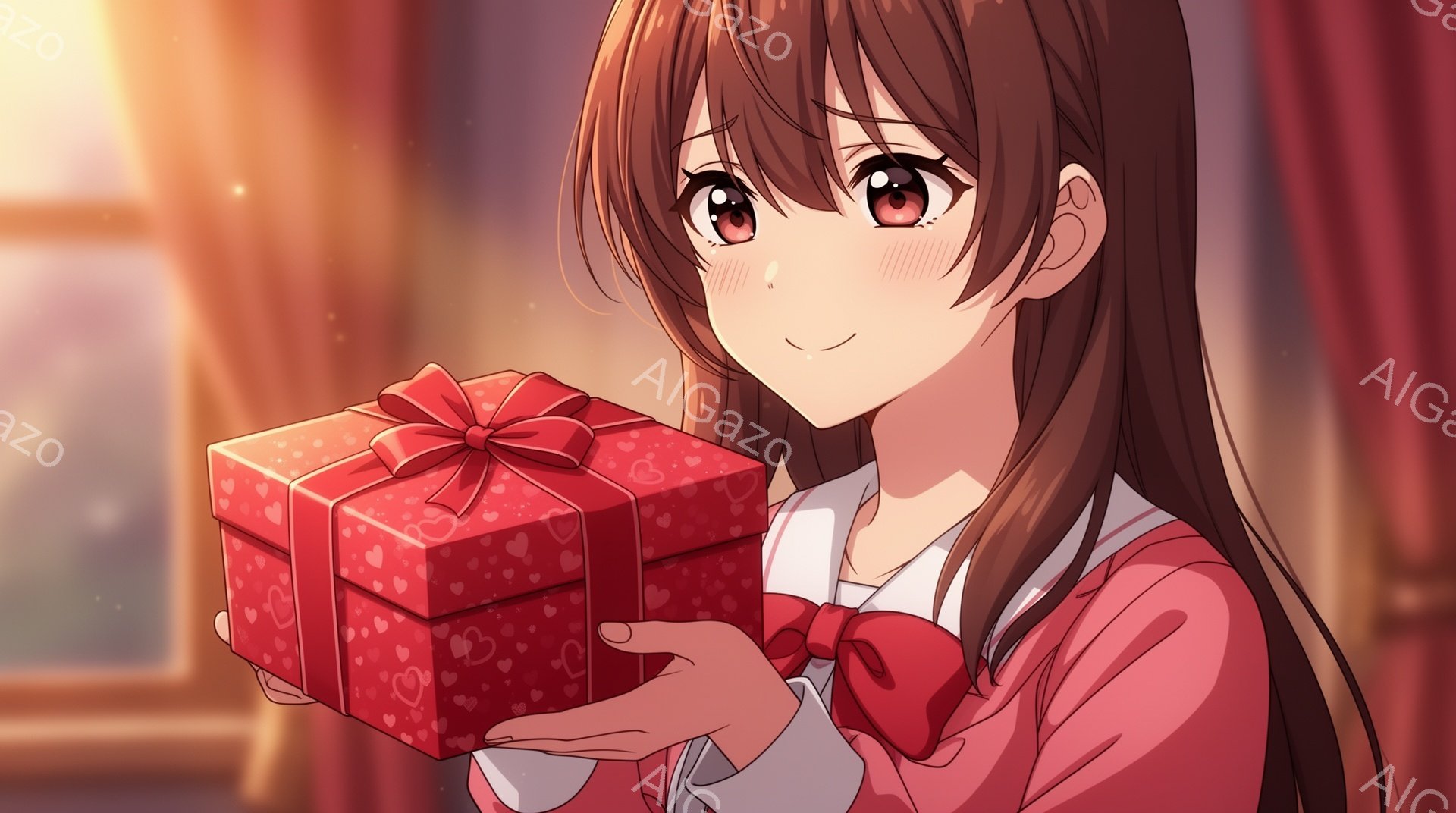 長い茶色の髪の女性が赤いハート柄のギフトボックスを両手で抱えています。彼女は白いブラウスに赤いリボンで飾られたセーターを着ており、頬は少し赤らんでいます。背景には赤いカーテンと、ぼやけた窓からの光が見 - AI生成フリー素材