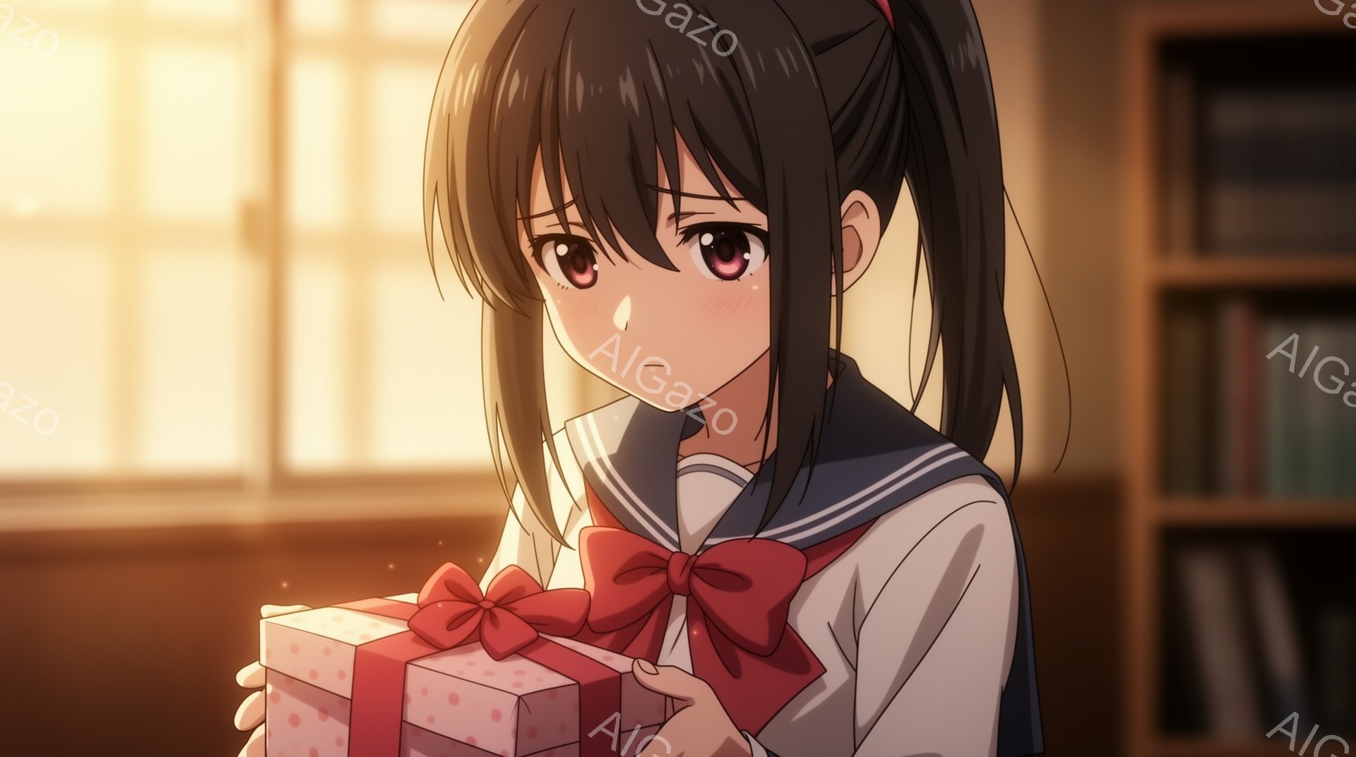 黒髪で、前髪が目にかかるように切り揃えられた少女が描かれています。彼女はセーラー服を着ており、赤いリボンがアクセントになっています。プレゼントのような箱を両手で抱え、少し困惑したような表情を浮かべています。