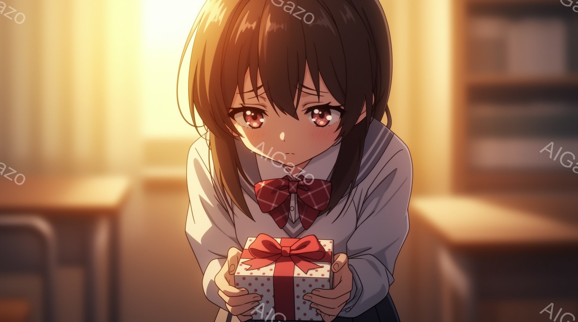 茶色の髪の少女が、赤い水玉模様のリボンで飾られた小さなギフトボックスを両手で抱えています。彼女は白いシャツに赤いチェック柄のリボンを結び、少し恥ずかしそうな、期待に満ちた表情をしています。背景には教室のような場所が見え、暖かく柔らかい光が彼女を照らしています。
