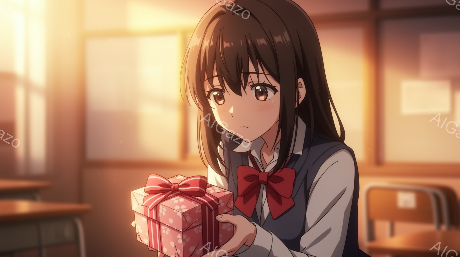 茶色の髪で、前髪が目の上にかかるような髪型をした少女が描かれています。彼女は白いシャツに赤いリボン、ベスト、制服を着ており、ピンク色のリボンで飾られた小さなギフトボックスを両手で抱えています。教室の椅子が背景に見え、暖色系の照明が少女を照らし、優しい雰囲気を作り出しています。
