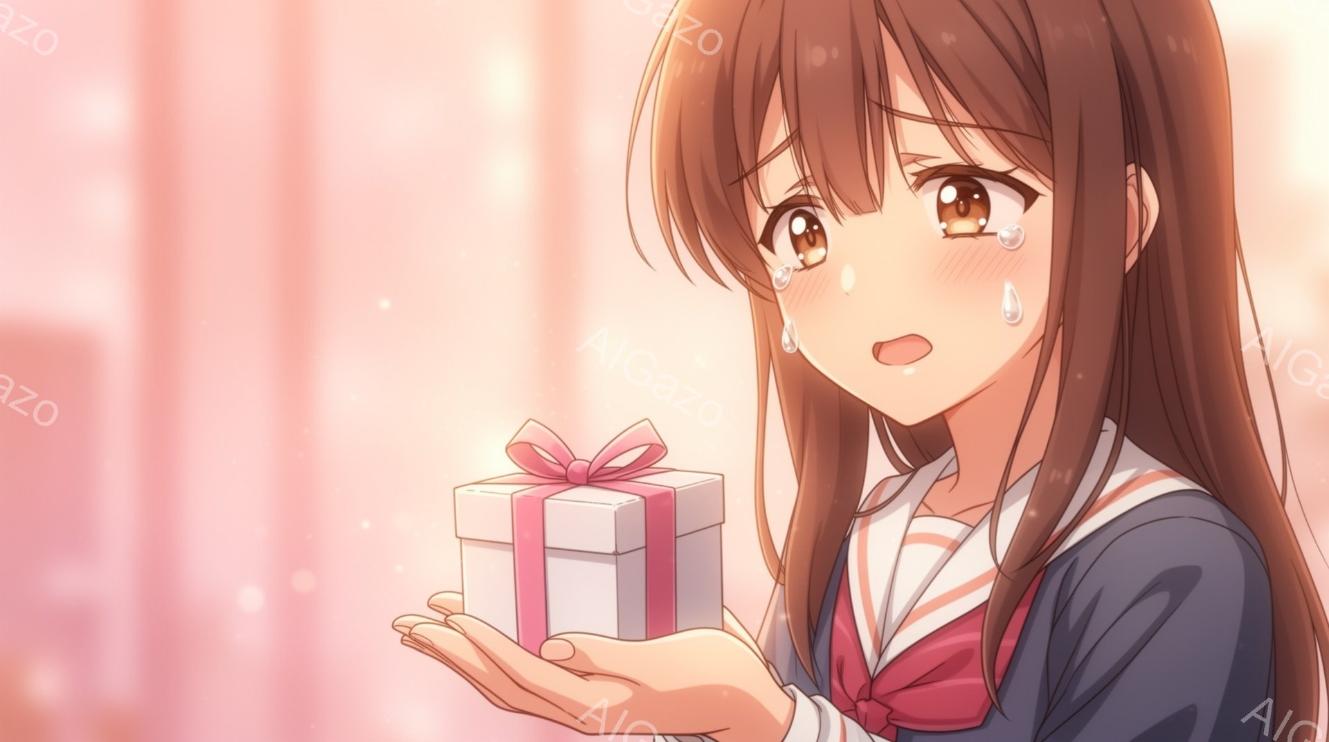 長い茶色の髪の少女が、白いリボンのかかった小さな白いプレゼントの箱を両手で抱えています。彼女はセーラー服を着ており、驚いたような、そして涙を浮かべた表情をしています。背景は淡いピンク色で、ぼんやりとし - AI生成フリー素材