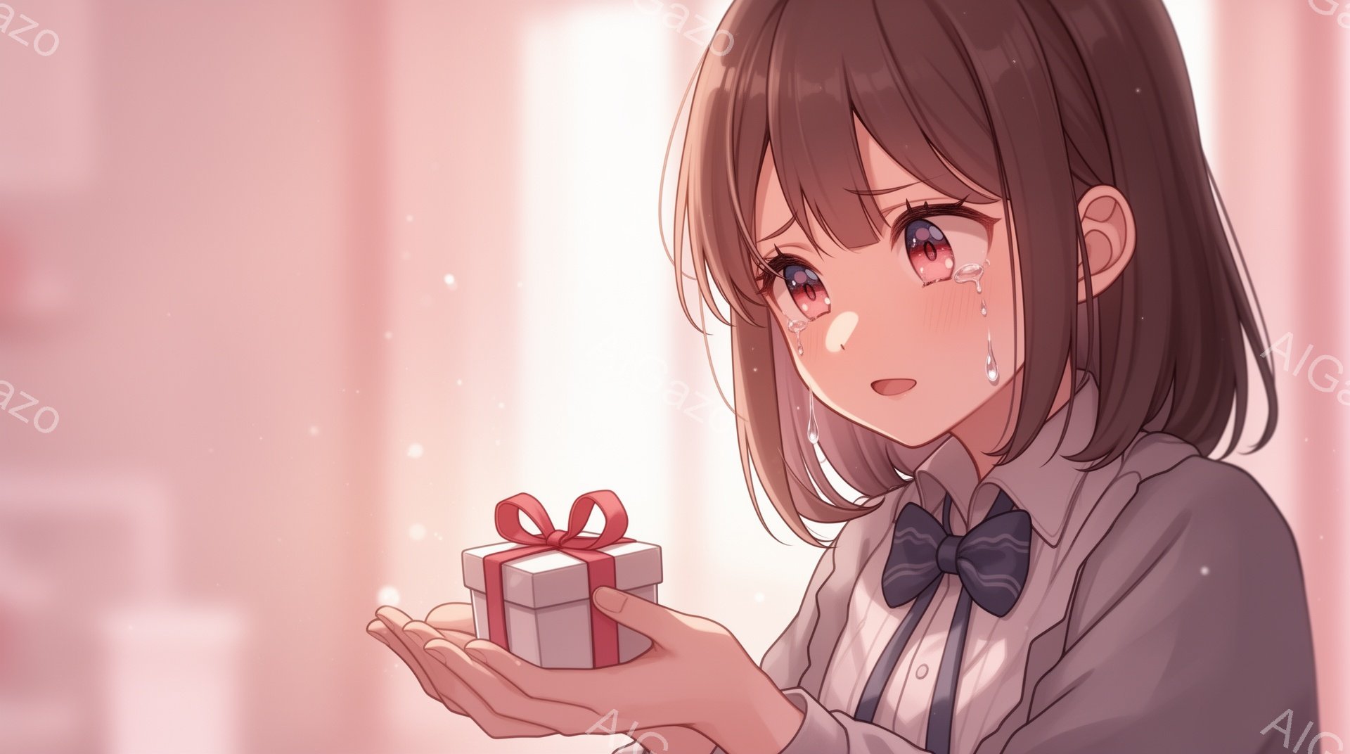 茶色のショートヘアの少女が描かれています。彼女は白いシャツにネイビーブルーのリボンタイを着用し、涙を浮かべながら小さな白いギフトボックスを両手で抱えています。背景はぼやけたピンク色で、まるで光が差し込 - AI生成フリー素材