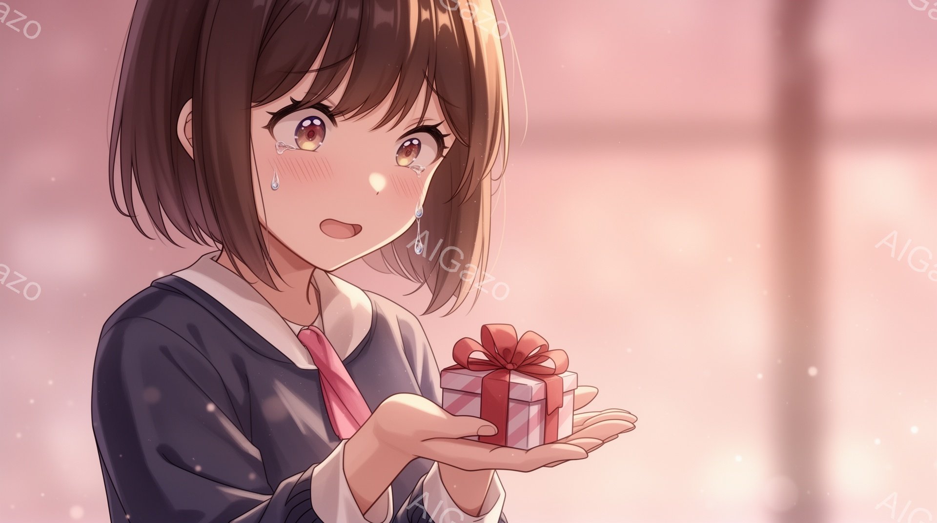 画像は、短い茶色の髪と涙を浮かべた大きな目で、制服を着た若い女性を描いています。彼女は両手で小さな赤いリボンが付いたギフトボックスを持っており、驚きと感動が入り混じった表情をしています。背景はぼやけたピンクと白のグラデーションで、柔らかな光が差し込み、全体的に感動的で繊細な雰囲気を醸し出しています。