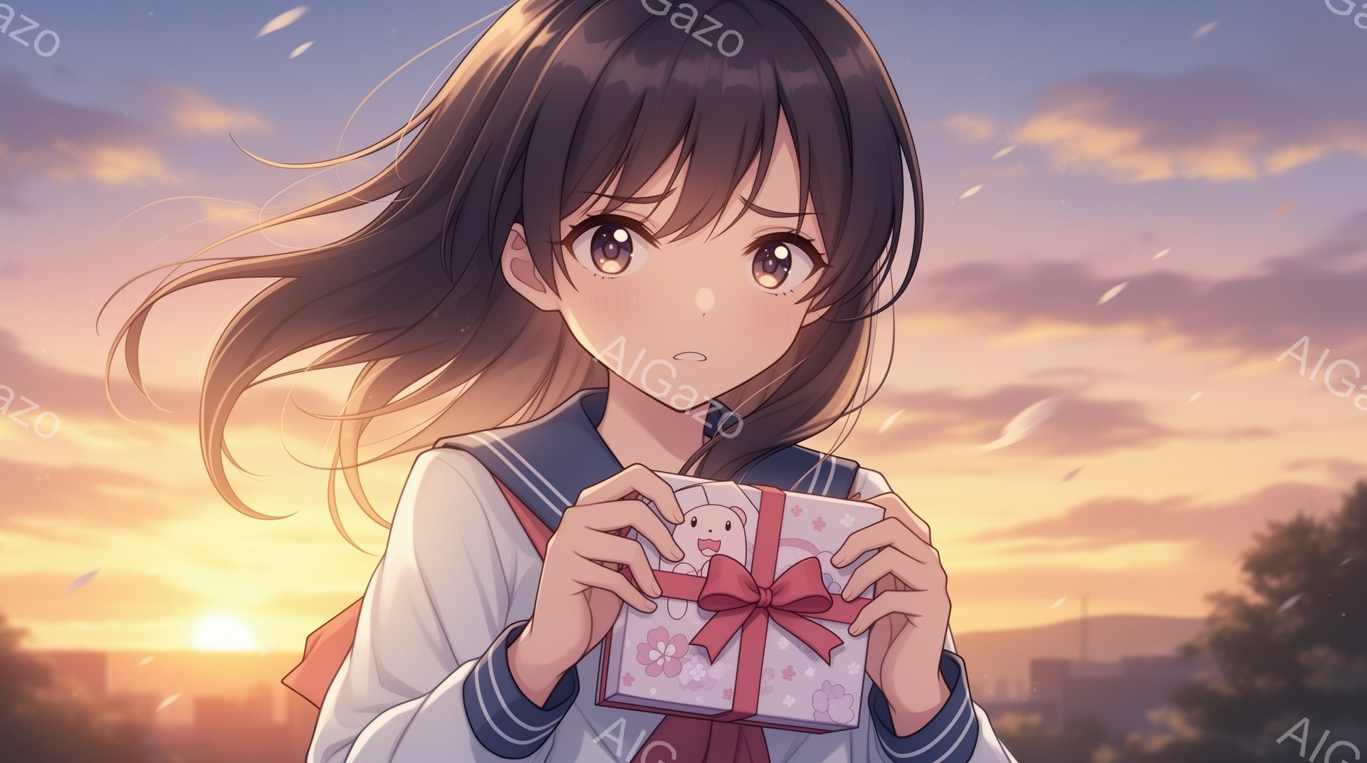 長い黒髪の少女が、ピンク色のリボンで飾られたギフトボックスを両手で大切そうに抱えています。彼女はセーラー服を着ており、少し憂いを含んだ表情で前を見つめています。背景には夕焼け空と、遠くに見える街並みや - AI生成フリー素材