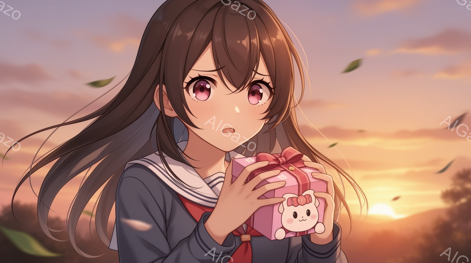 長い茶色の髪を持つ少女が、ピンク色のリボンと笑顔の付いた箱を両手で抱えています。彼女は紺色のセーラー服を着ており、驚いたような、少し悲しげな表情をしています。背景は夕焼けで、オレンジとピンクの色調が空を染め、舞い散る葉が秋の雰囲気を醸し出しています。