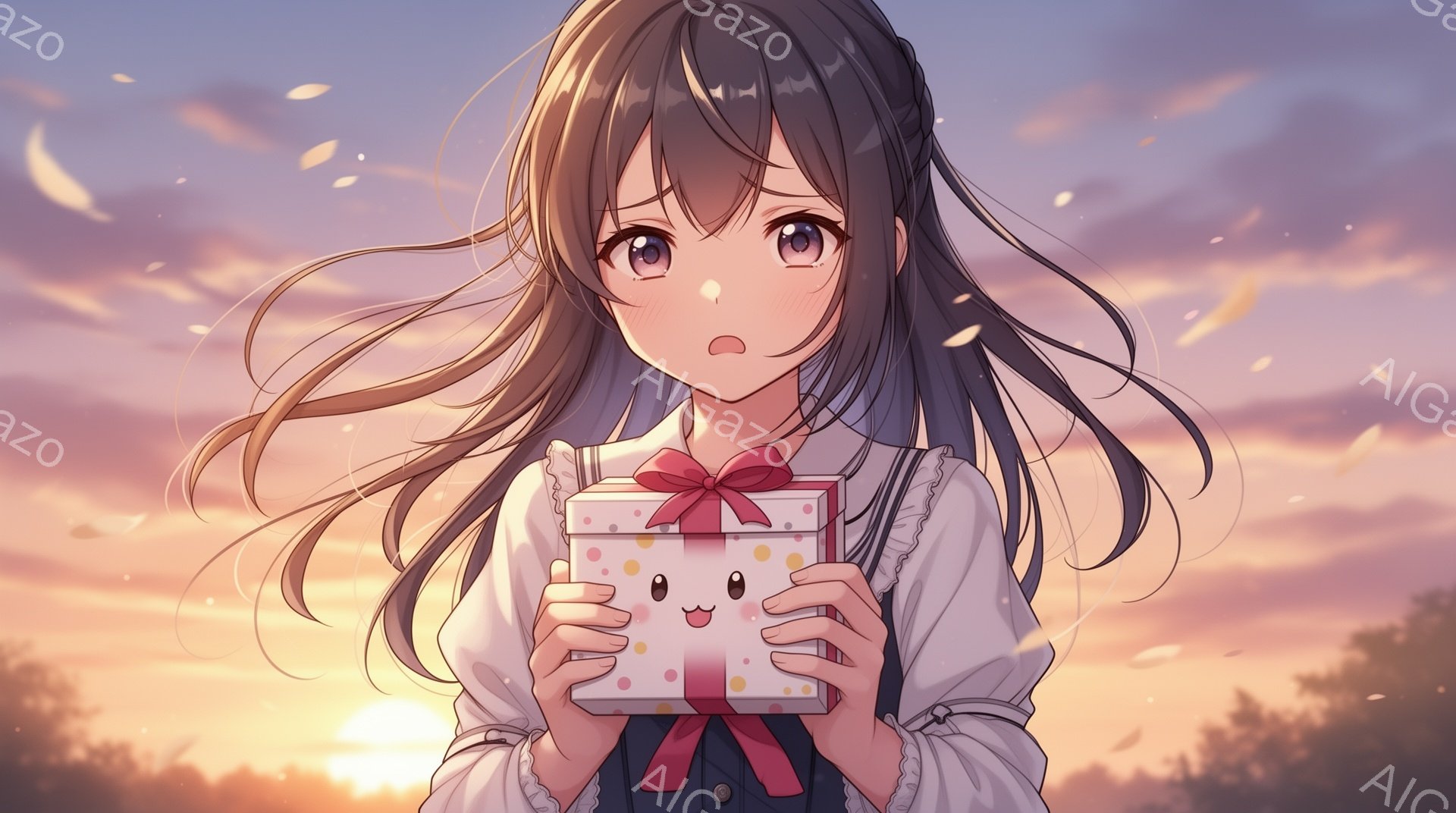 長い茶色の髪を靡かせ、可愛らしい表情の少女が描かれている。彼女は白いブラウスに紺色のサスペンダー付きスカートを身につけ、両手で水玉模様のリボン付きのプレゼントボックスを抱えている。背景には夕焼け空と木々が見え、全体的に温かく、優しい雰囲気が漂っている。