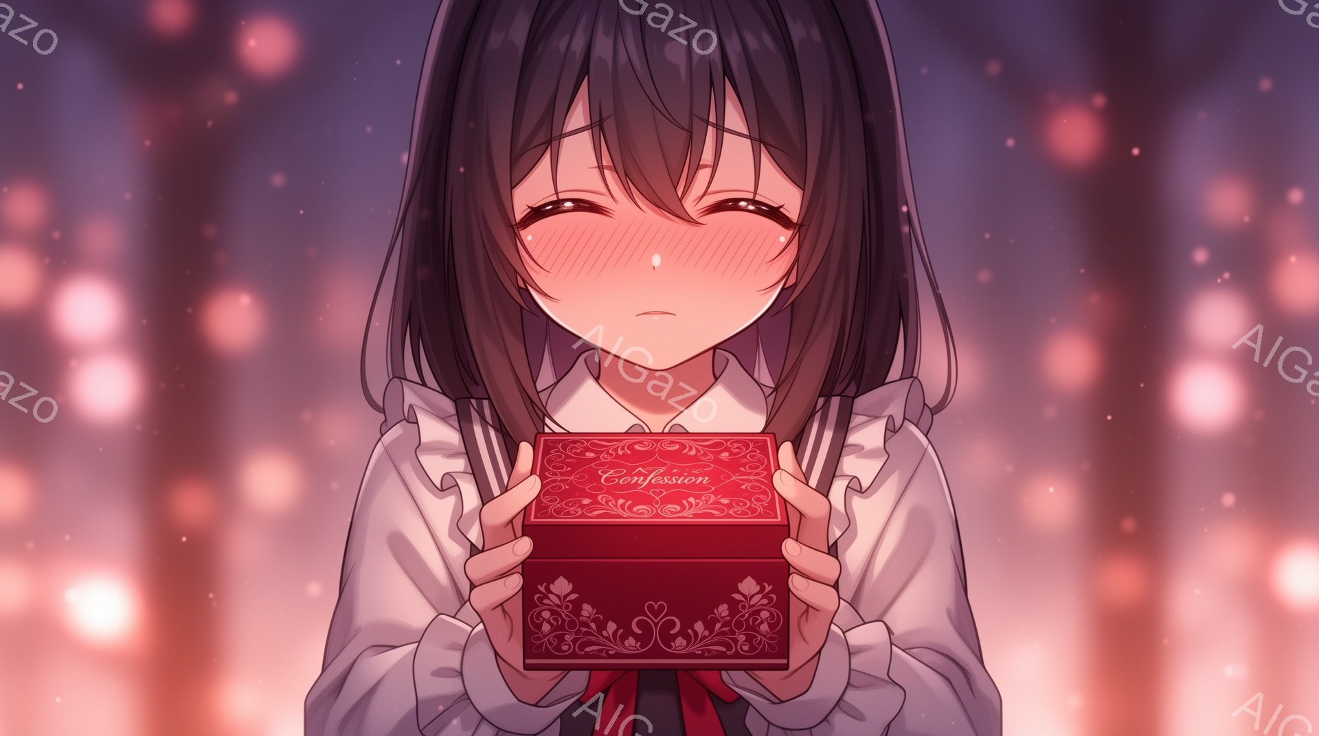 長い黒髪で、前髪が目にかかるようにカットされた少女が描かれています。彼女は白いシャツとネクタイ、制服のような服装で、両手で赤いリボンで結ばれた赤い宝石箱を持っています。背景はぼやけたピンクとオレンジの光で満たされ、ロマンチックで夢のような雰囲気を醸し出しています。