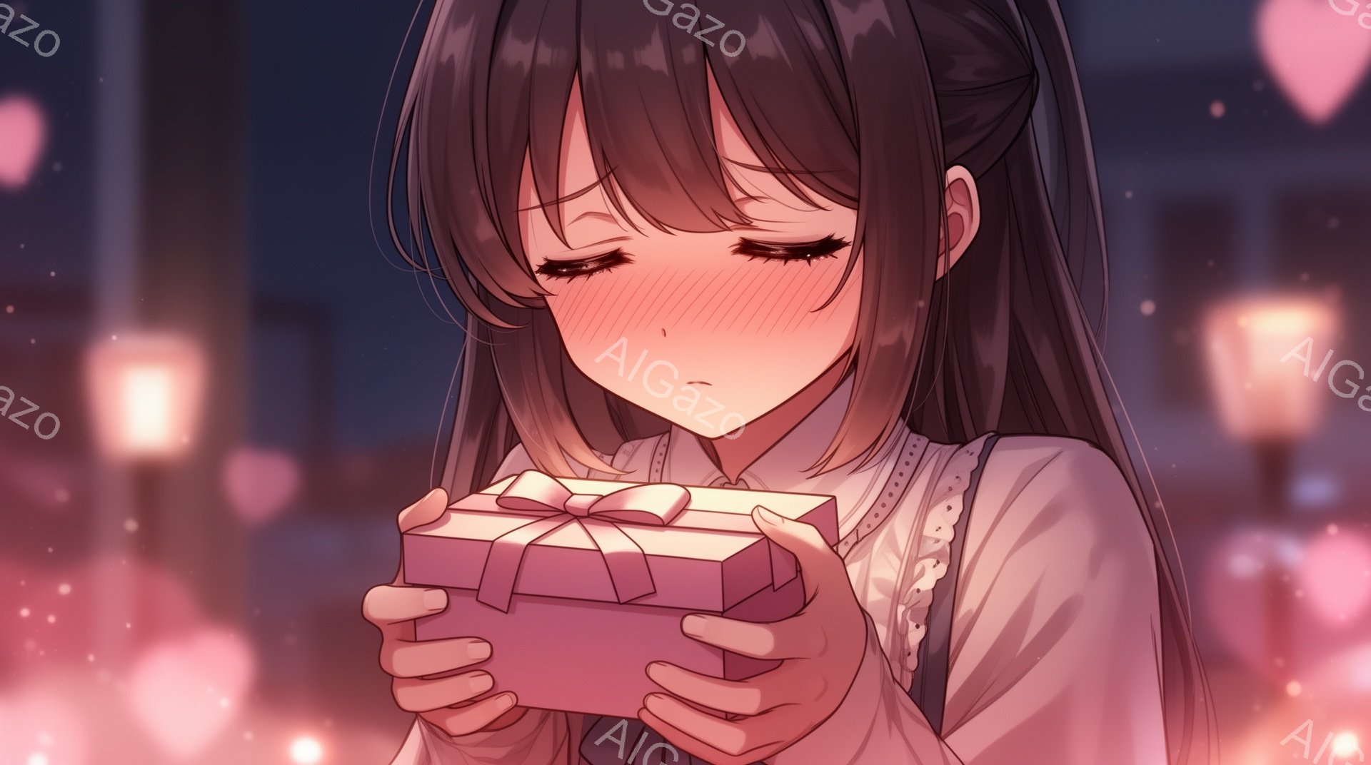 長い黒髪を肩から下でまとめ、白いフリル付きのブラウスとベストを着た若い女性が描かれています。彼女は両手でピンク色のリボンで飾られた小さなギフトボックスを抱え、目を閉じ、頬を赤らめて微笑んでいます。背景 - AI生成フリー素材