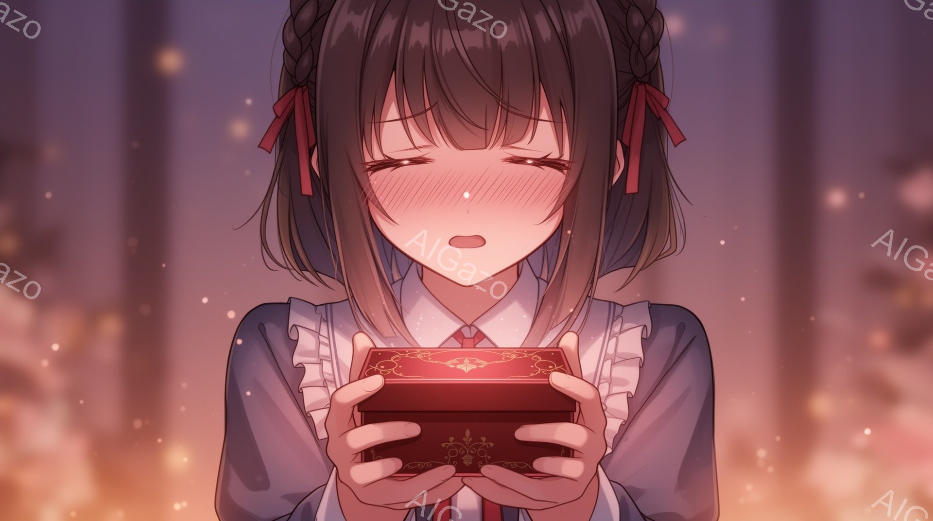 長い茶色の髪は二つの結び目と赤いリボンで飾られ、顔の周りを縁取っています。少女は白いブラウスと濃い青色のドレスを着ており、両手で赤い装飾が施された箱を抱きしめています。箱から発せられる赤い光が彼女の顔を照らし、驚きと期待が入り混じった表情を浮かべています。